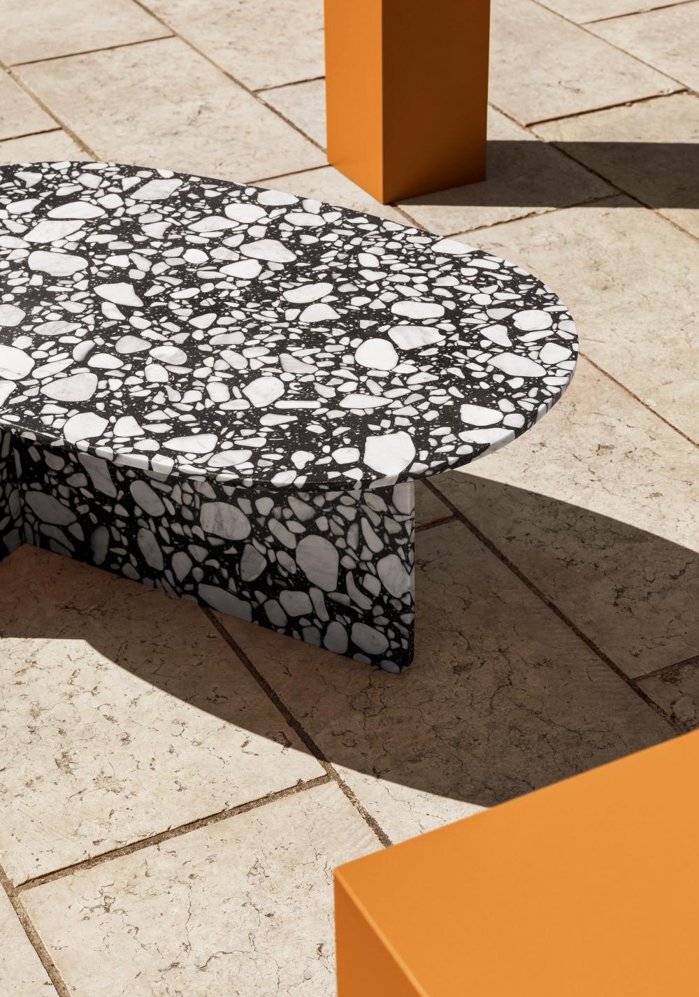 Marble Chap Low Coffee Table in Palladio Orange and Grey Glass by Matteo Zorzenoni For Sale