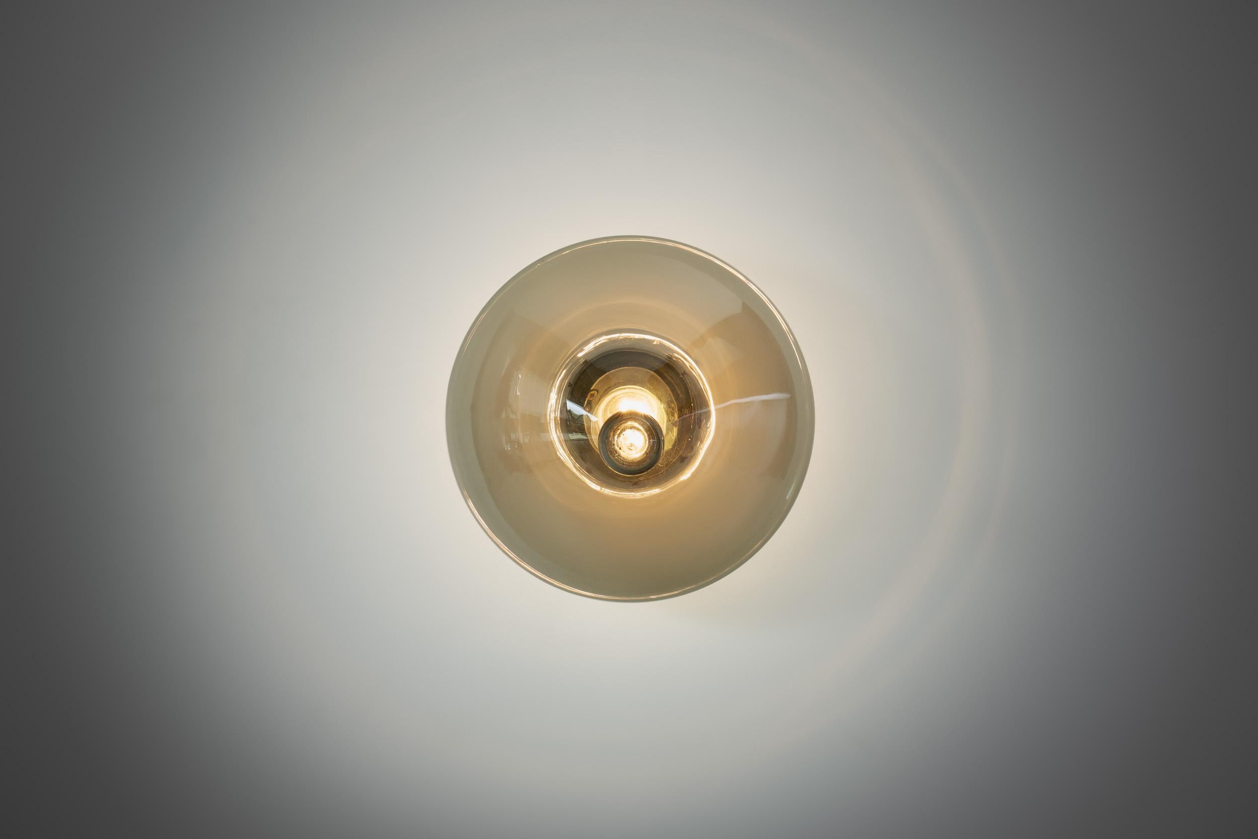 These lovely Dutch ceiling or wall lamps are Raak’s model B-1052, better known as the “Chaparral”. Made of high quality glass with brass details, this model is a unique design that both figuratively and literally stands out wherever it is