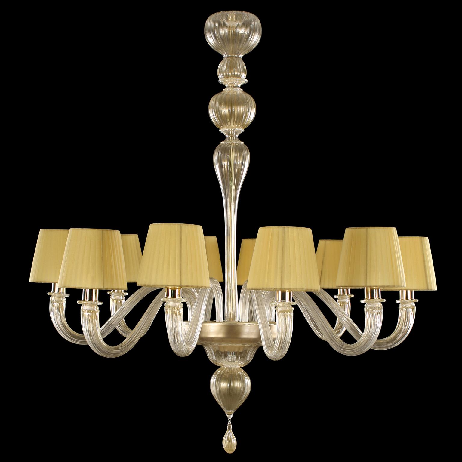 Chapeau chandelier 10 lights artistic gold Murano glass, amber organza handmade in Florence lampshades by Multiforme.
 
Chapeau is a Classic and essential chandelier, it is handcrafted using high quality materials in Murano glass and handmade cotton