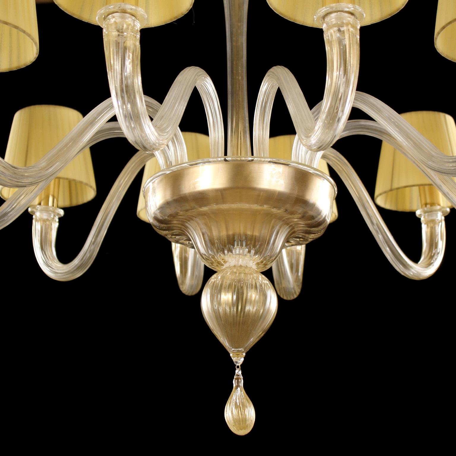 Other Chandelier 10 arms Gold Murano Glass, Amber Lampshades Chapeau by Multiforme For Sale