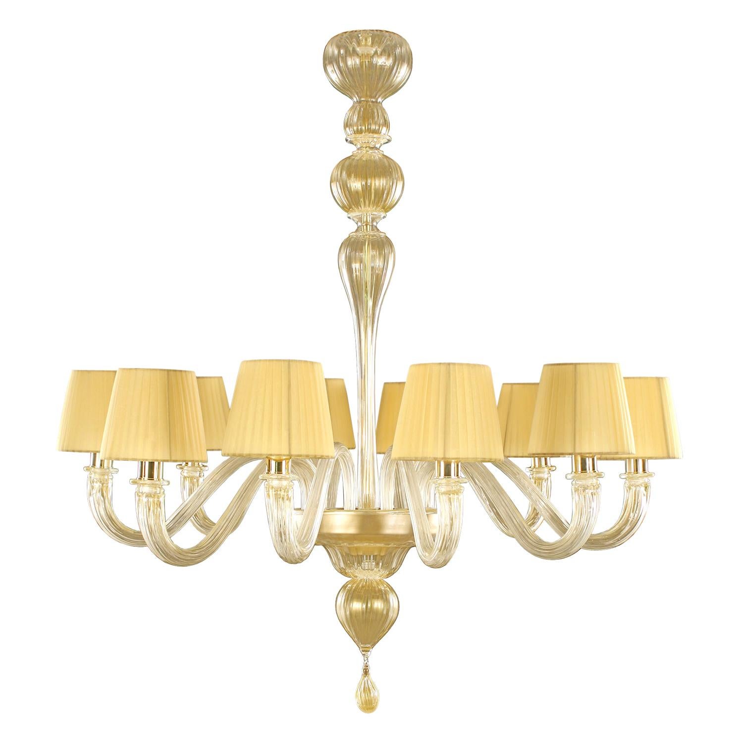 Chandelier 10 arms Gold Murano Glass, Amber Lampshades Chapeau by Multiforme For Sale