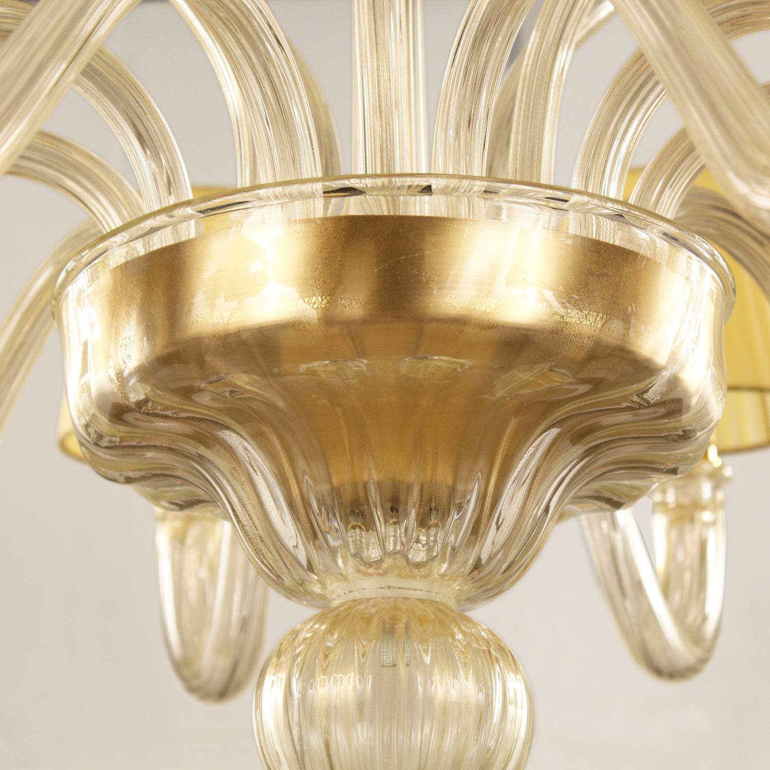 Other Chandelier 10+5 arms Murano Glass Golden leaf handmade lampshades by Multiforme For Sale