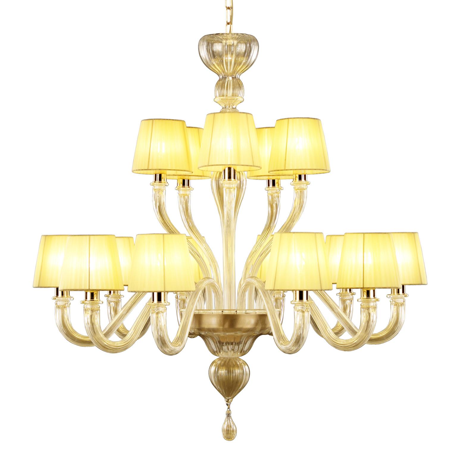 Italian Chandelier 10+5 arms Murano Glass Golden leaf handmade lampshades by Multiforme For Sale