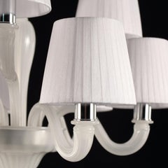 Chandelier 6+3-arms Silk Murano Glass, White Lampshades Chapeau by Multiforme