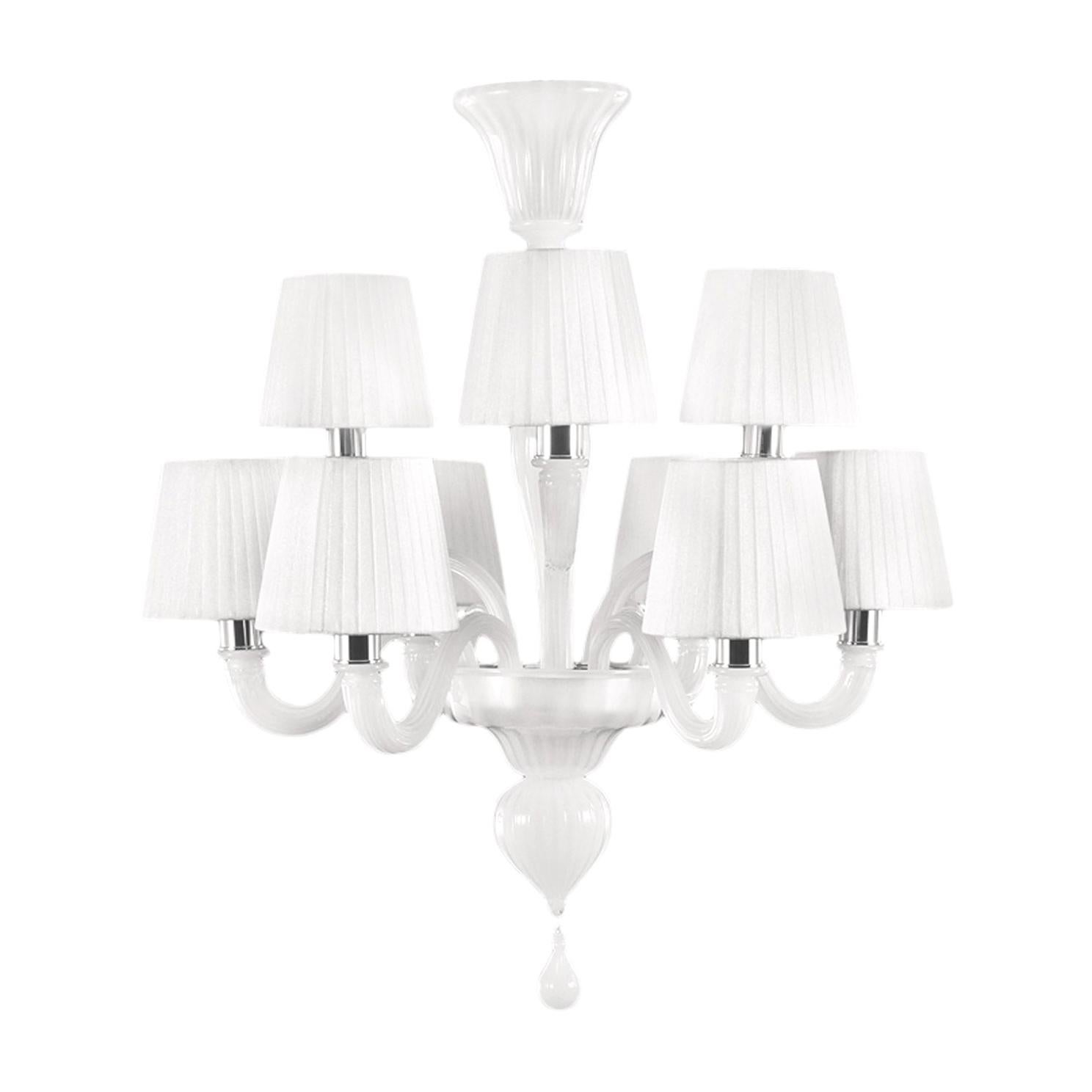 Chandelier 6+3-arms Silk Murano Glass, White Lampshades Chapeau by Multiforme