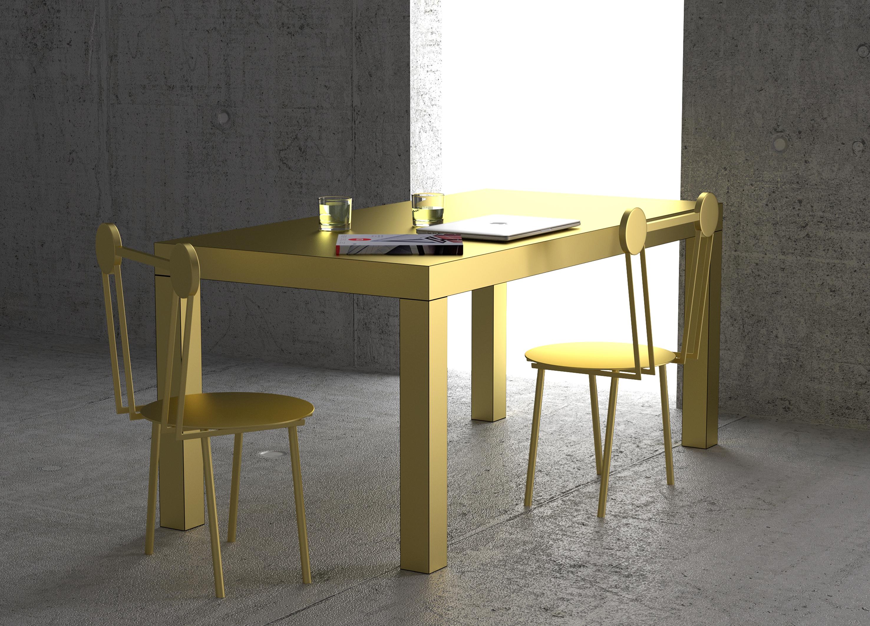 Hitan is a multifunctional table entirely covered by metal HPL Laminates.

Its minimalist structure comprises a rectangular top supported by four square cross-section legs. 
The manufacturing process and research on metal surfaces treatment and