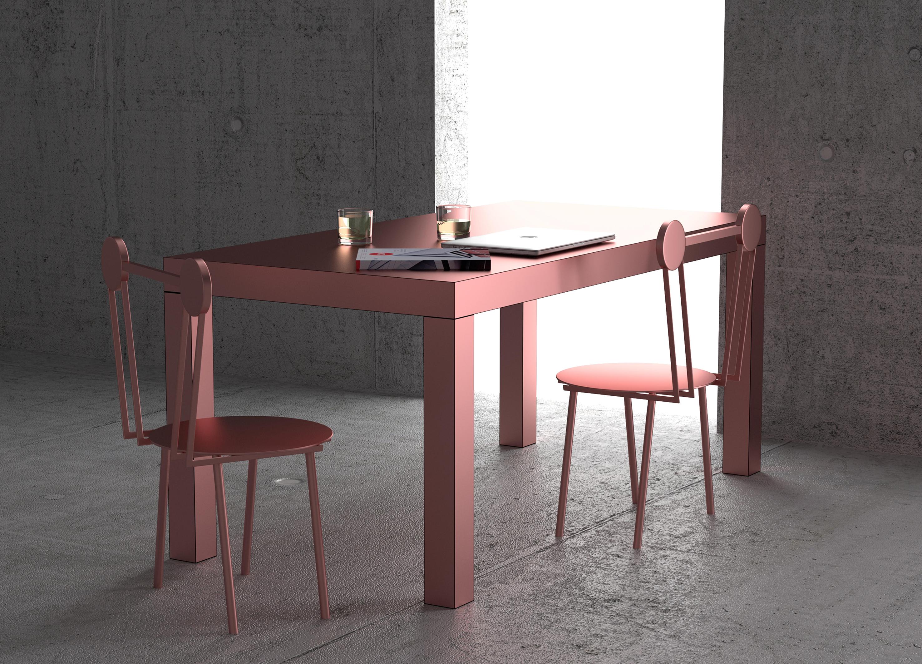 Hitan ist ein multifunktionaler Tisch, der vollständig mit HPL-Laminaten aus Metall verkleidet ist.

Seine minimalistische Struktur besteht aus einer rechteckigen Platte, die von vier Beinen mit quadratischem Querschnitt getragen wird.
Das