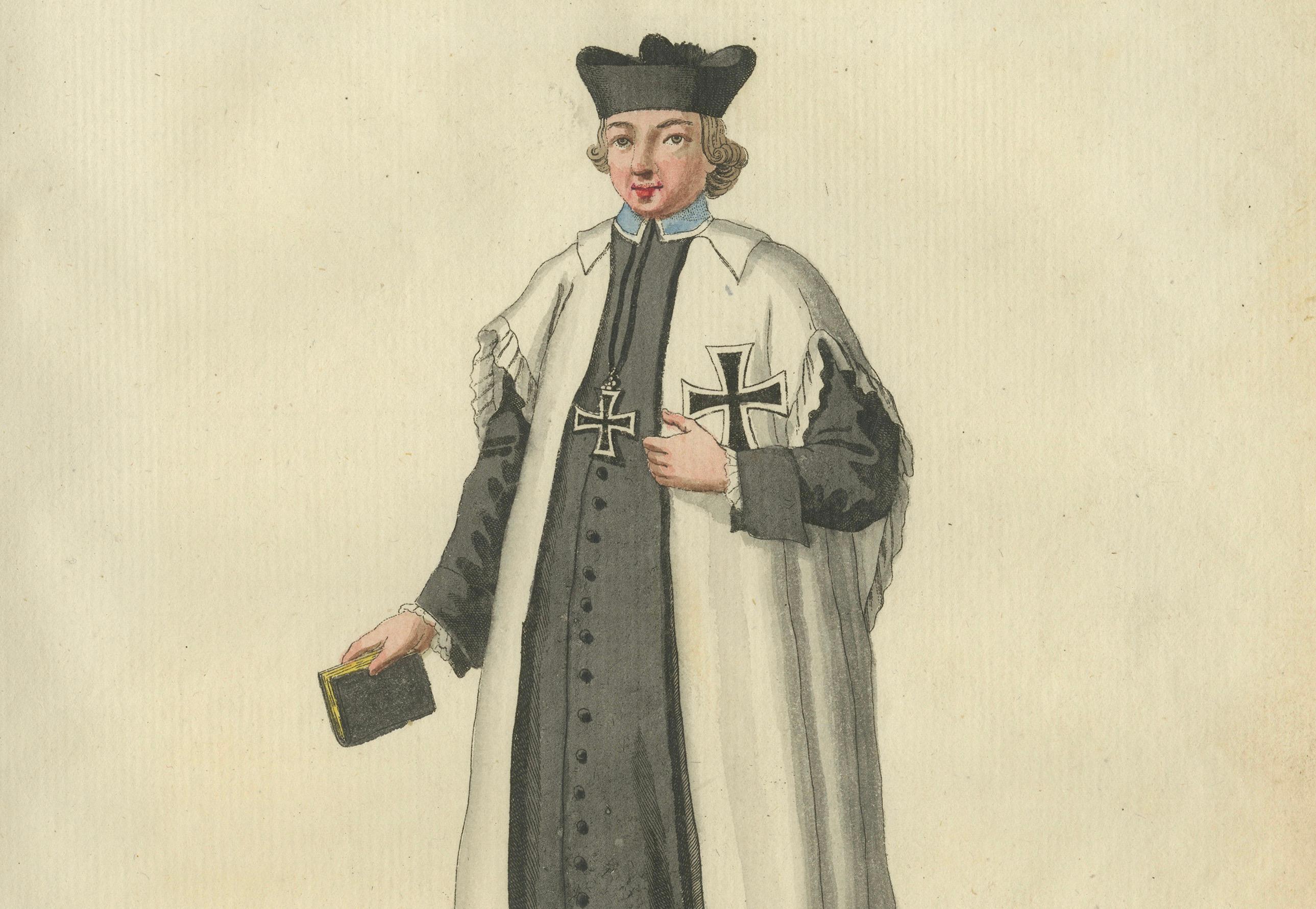 Chaplain des Teutonic Order: 1791 Handkolorierte Gravur in Zeremoniellenanzug im Zustand „Gut“ im Angebot in Langweer, NL