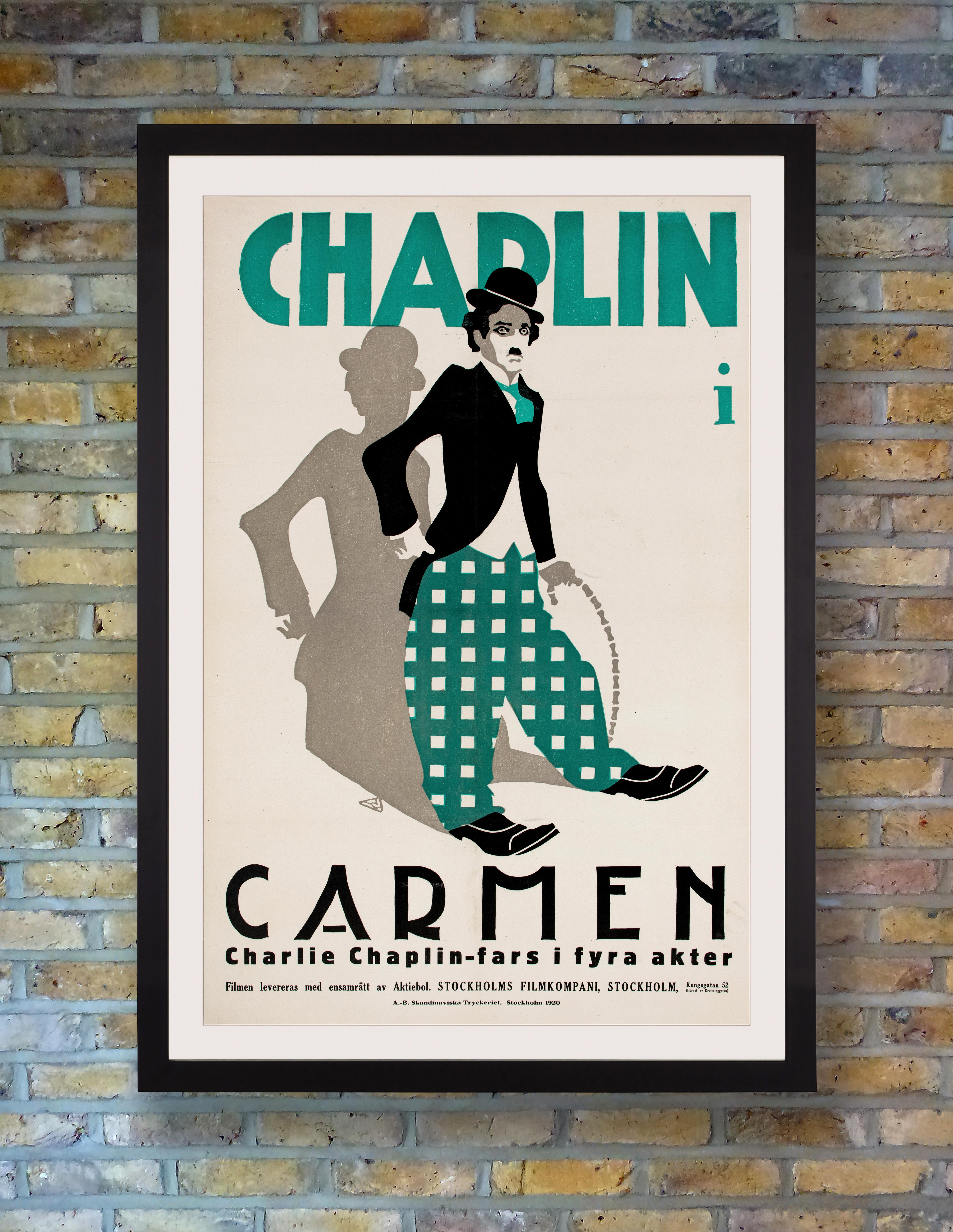 An extremely rare early linocut poster for the first Swedish release of Charlie Chaplin's 1915 comedy short 'Burlesque on Carmen,’ his thirteenth film for Essanay Studios. A parody of Cecil B. DeMille’s 1915 ‘Carmen’ starring Geraldine Farrar and