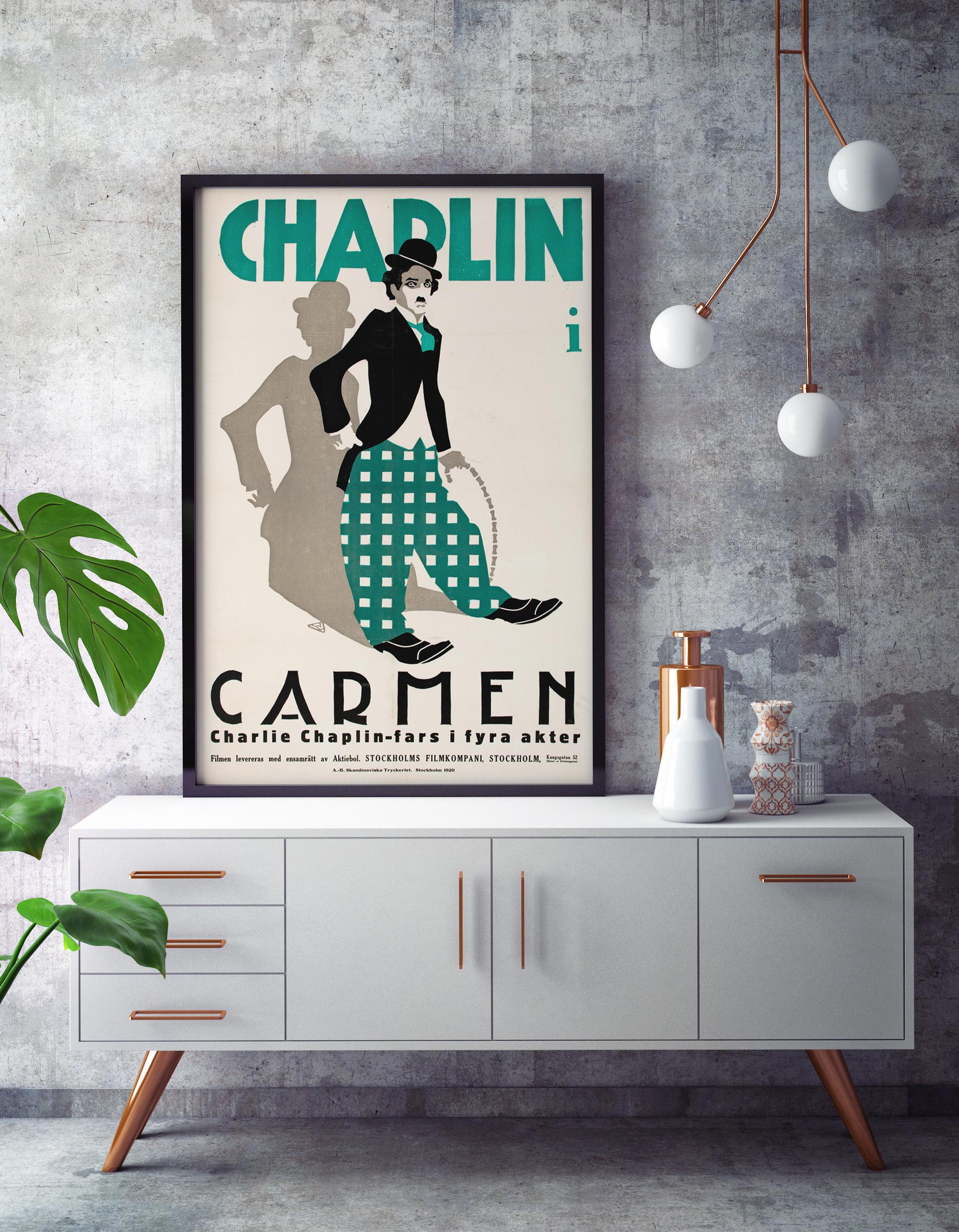Art Déco Poster cinematografico originale Linocut di Chaplin 