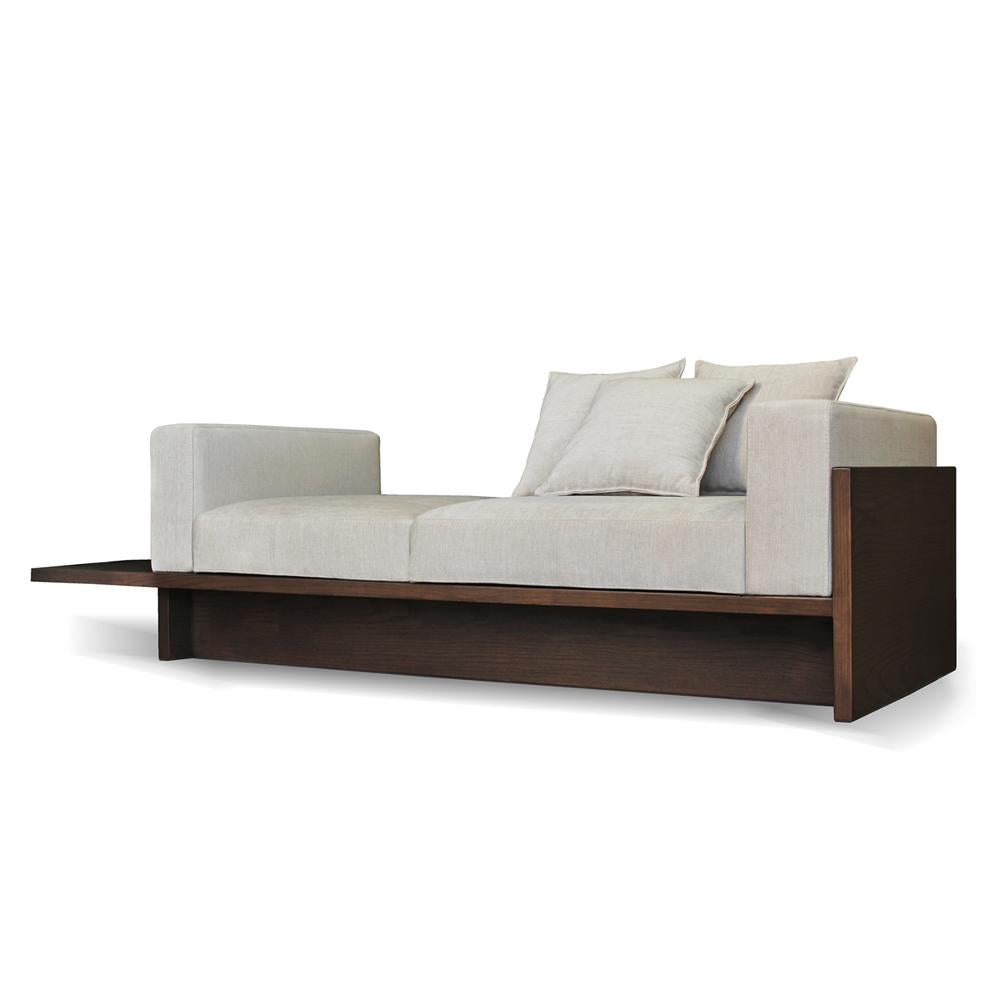 Chaplin sofa by Collector
Materials: Structure in oak wood. Upholstered in fabric. Genuine leather details.
Dimensions: W 230 x D 85 x H 60 cm x SH 41 cm 

With Chaplin sofa flexibility it is possible to have different methods of use, from