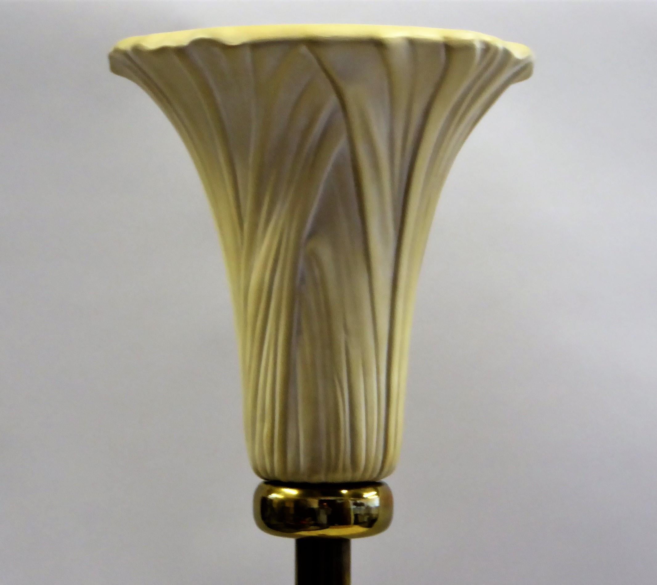 Chapman Art Deco Brass and Ceramic Lily Floor Lamp In Good Condition In Miami, FL