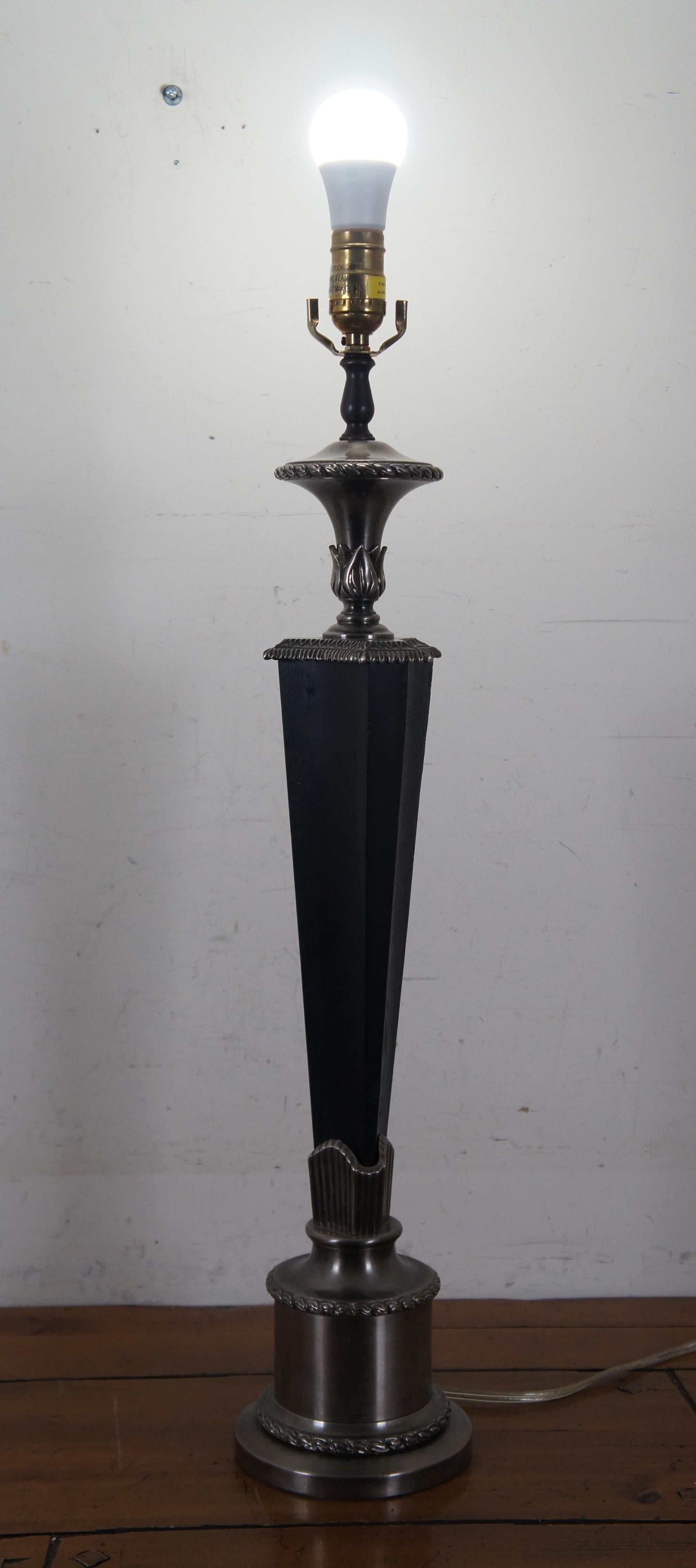 Chapman Black Ebonized Wood & Metal Torchiere Column Table Lamp 30