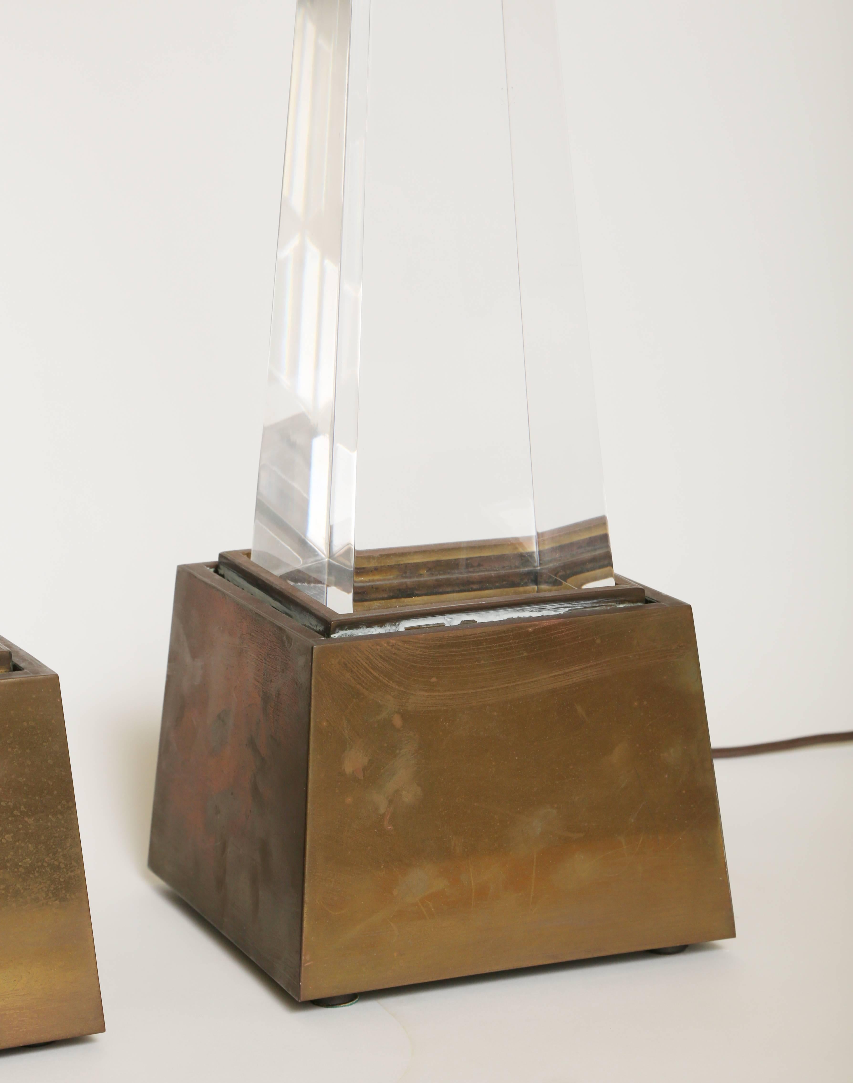 American Chapman Brass and Acrylic Obelisk Table Lamps