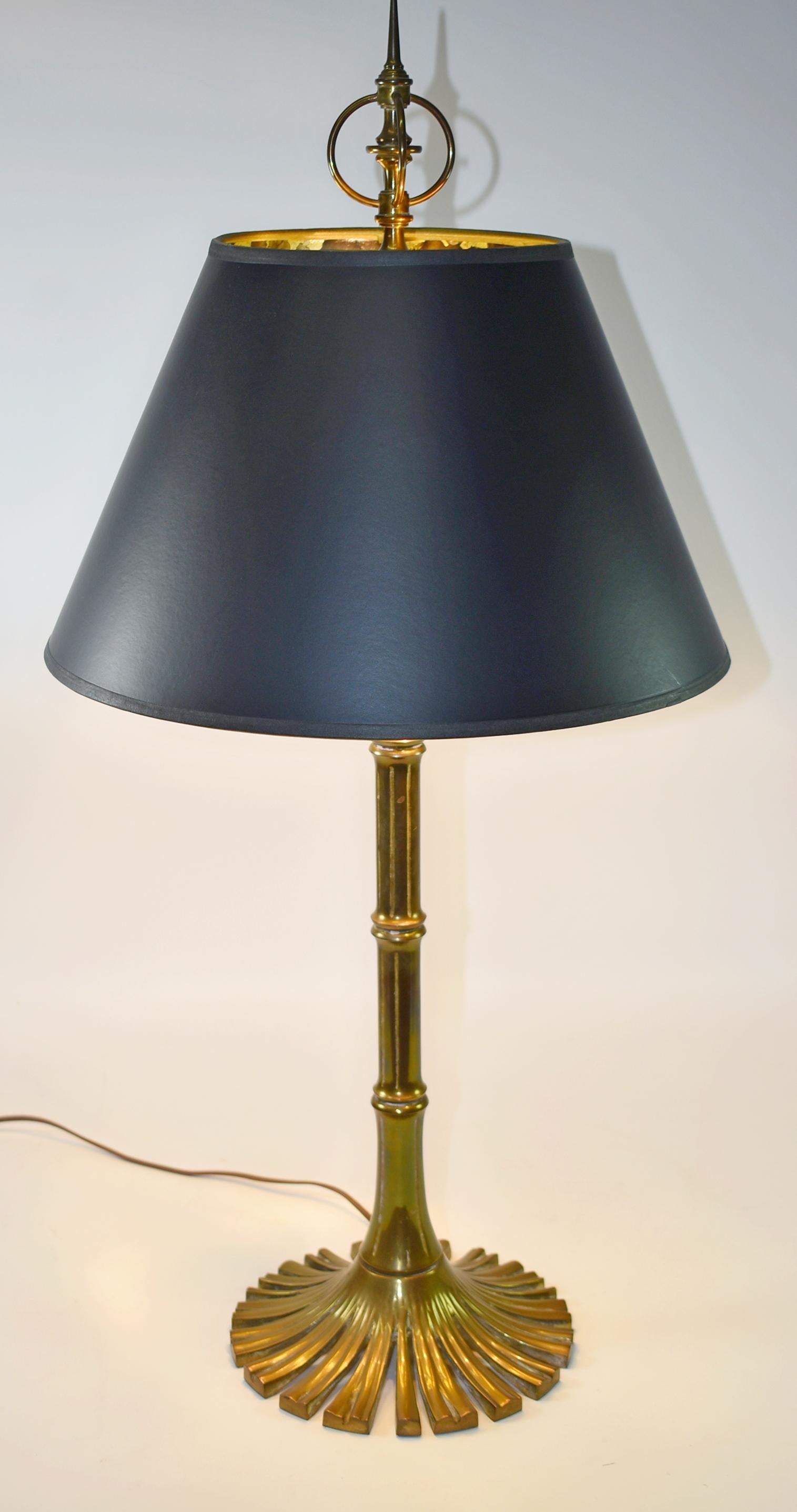 Chapman brass bamboo table lamp, Circa 1976. Cast brass lamp with bamboo details. Base is fan shaped circle of reeds. Two original sockets with tags dated 1976 with pull chains. Comes with 14