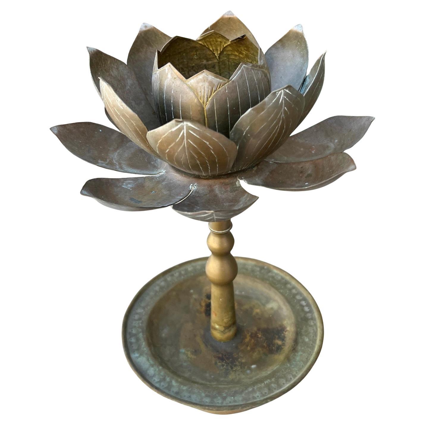 Chapman Brass Lotus Candle Holder on Pedestal with Round Tray and Cylinder Base