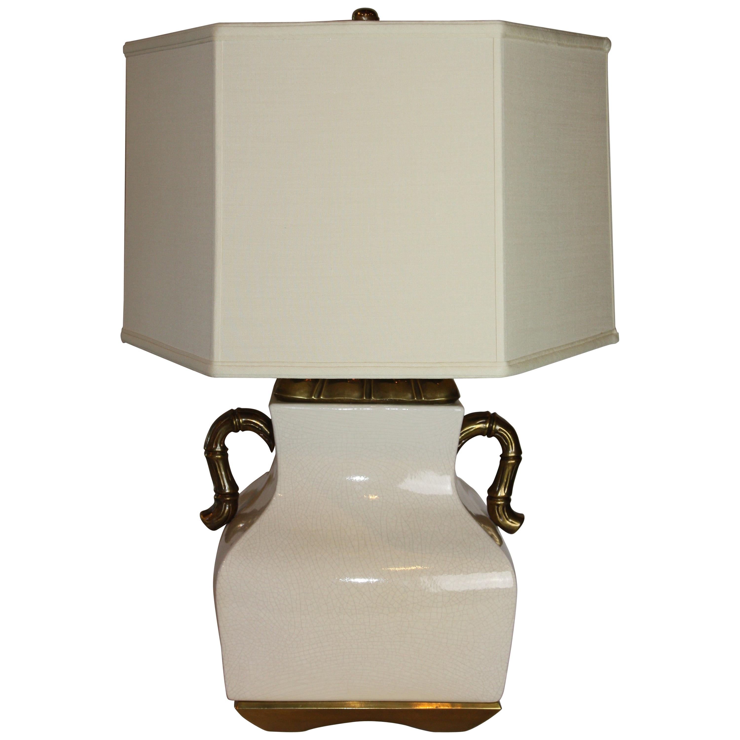 Chapman Double-Handled Urn Lamp with White Crackle Glaze and Hexagonal Shade