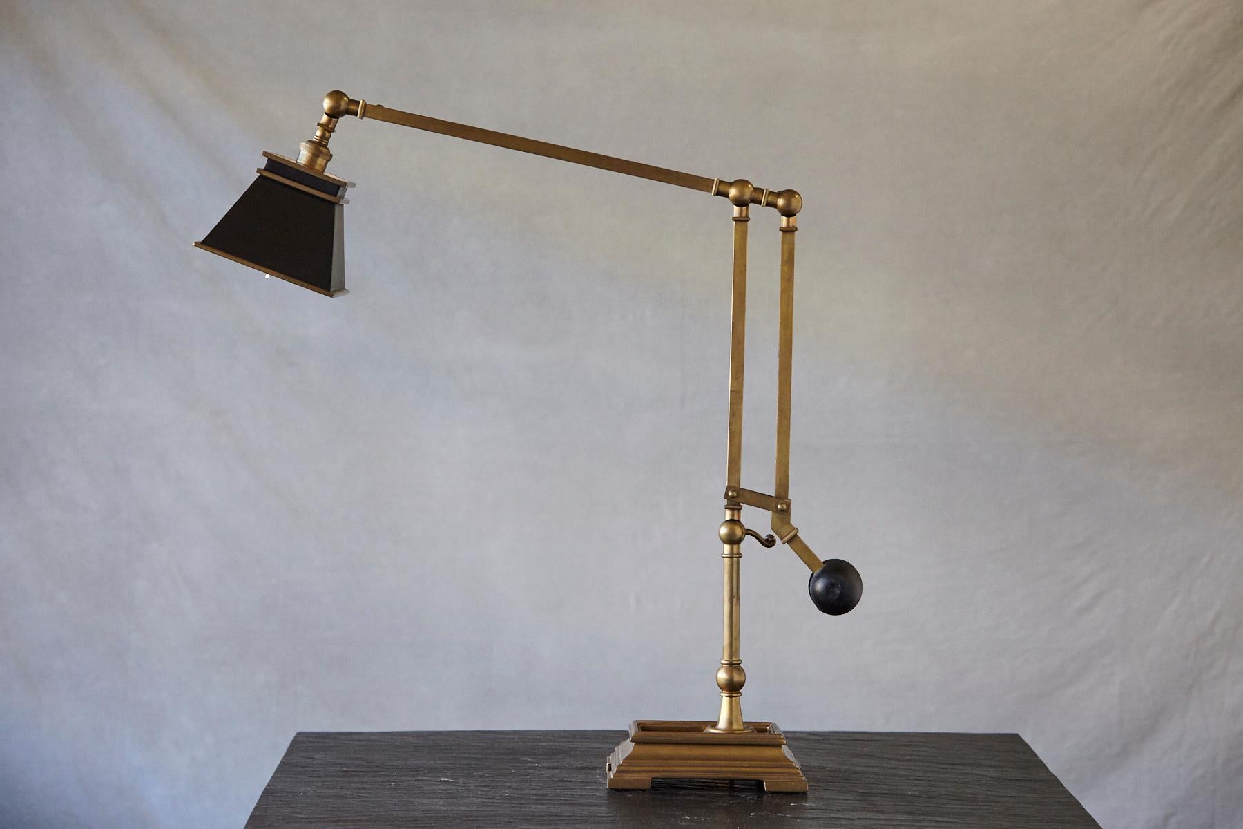 American Chapman Engravers Weight Balanced Brass Desk Lamp with Square Black Shade
