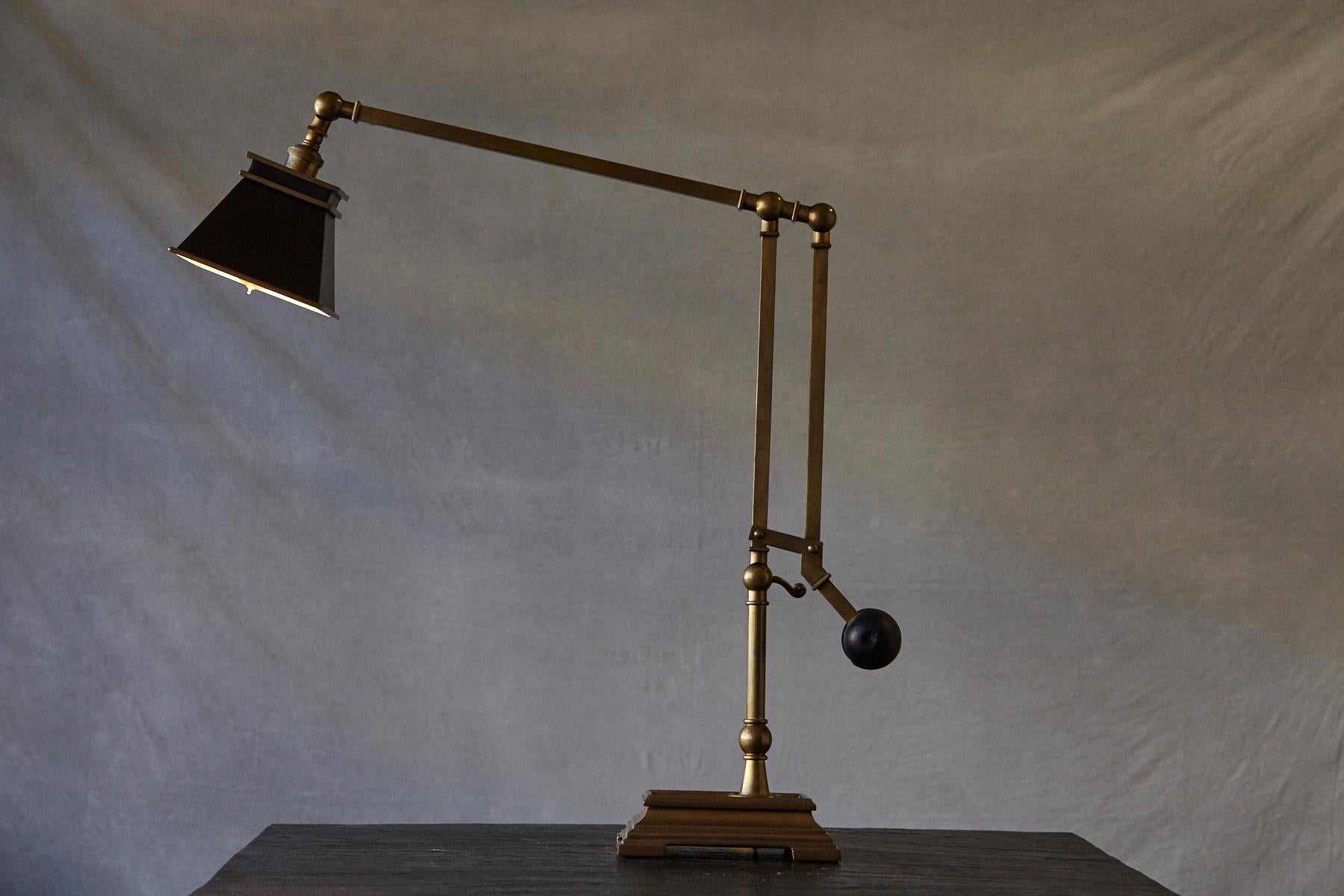 Burnished Chapman Engravers Weight Balanced Brass Desk Lamp with Square Black Shade