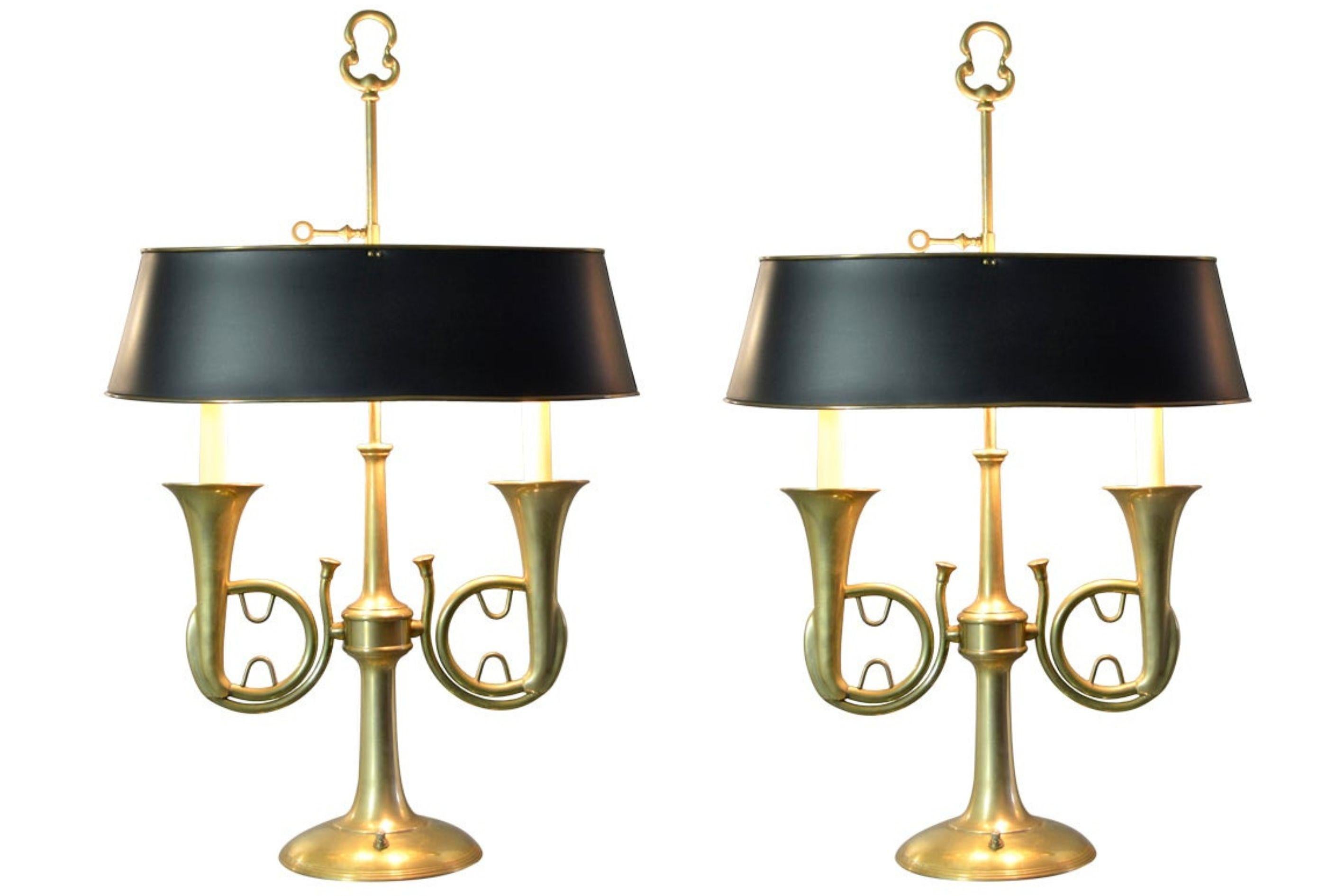 North American Chapman French Horn Brass Table Lamps, circa 1960s For Sale