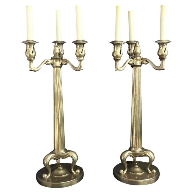 For FULL item description click on CONTINUE READING at the bottom of this page.

Offering One Of Our Recent Palm Beach Estate Fine Lighting Acquisitions Of A
Pair of Chapman Heavy Brass Candelabra Fluted Column Scroll Feet Base Lamps
Uses small
