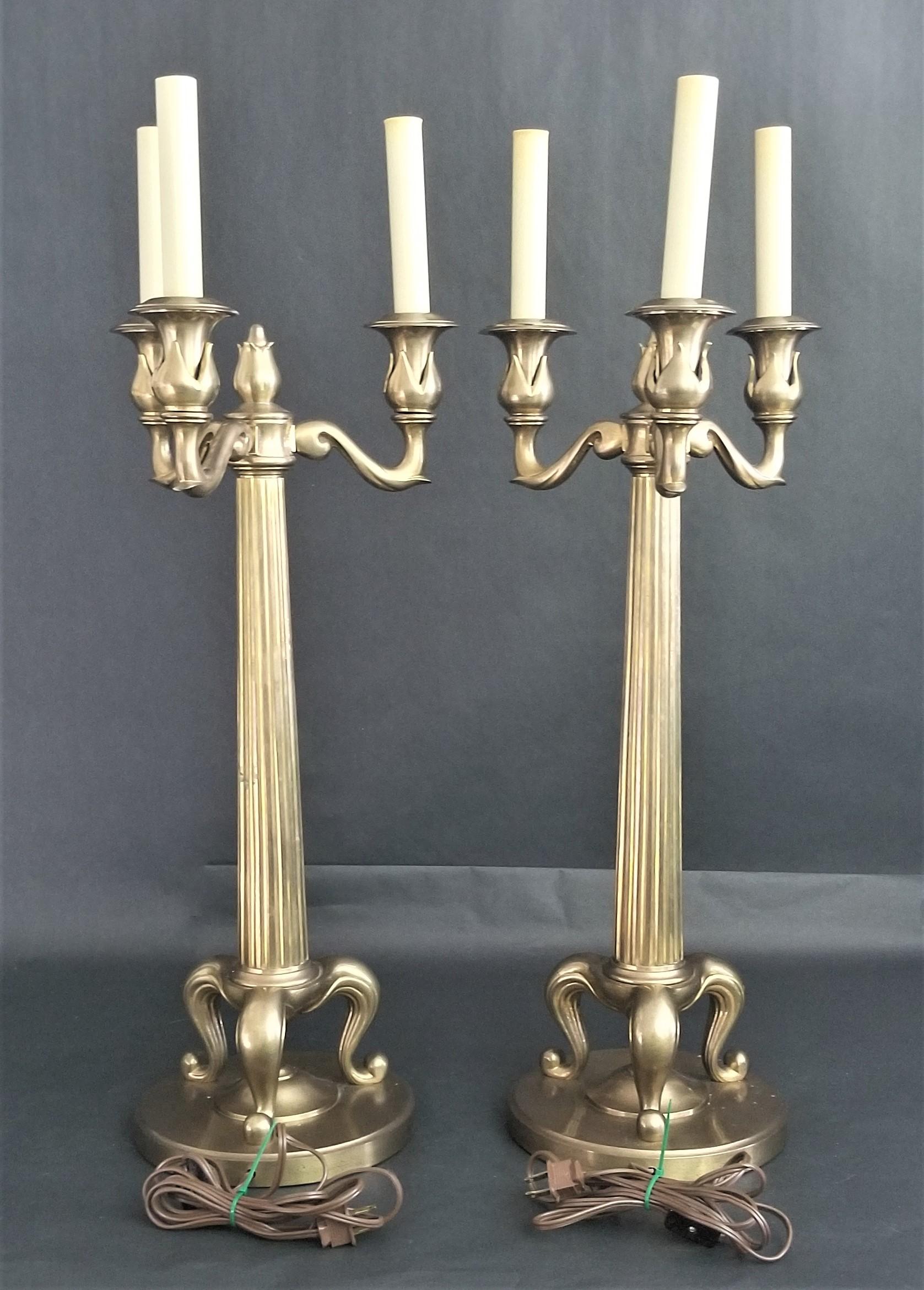 Unknown Chapman Heavy Brass Candelabra Fluted Column Table Lamps For Sale