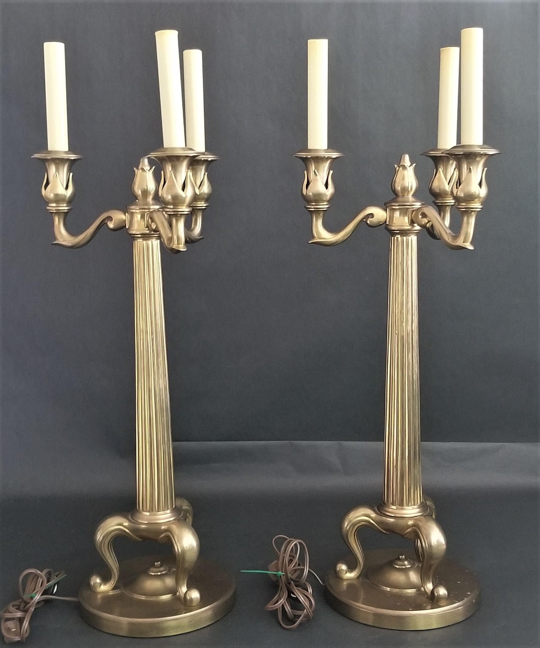 Chapman Heavy Brass Candelabra Fluted Column Table Lamps In Good Condition For Sale In Lake Worth, FL