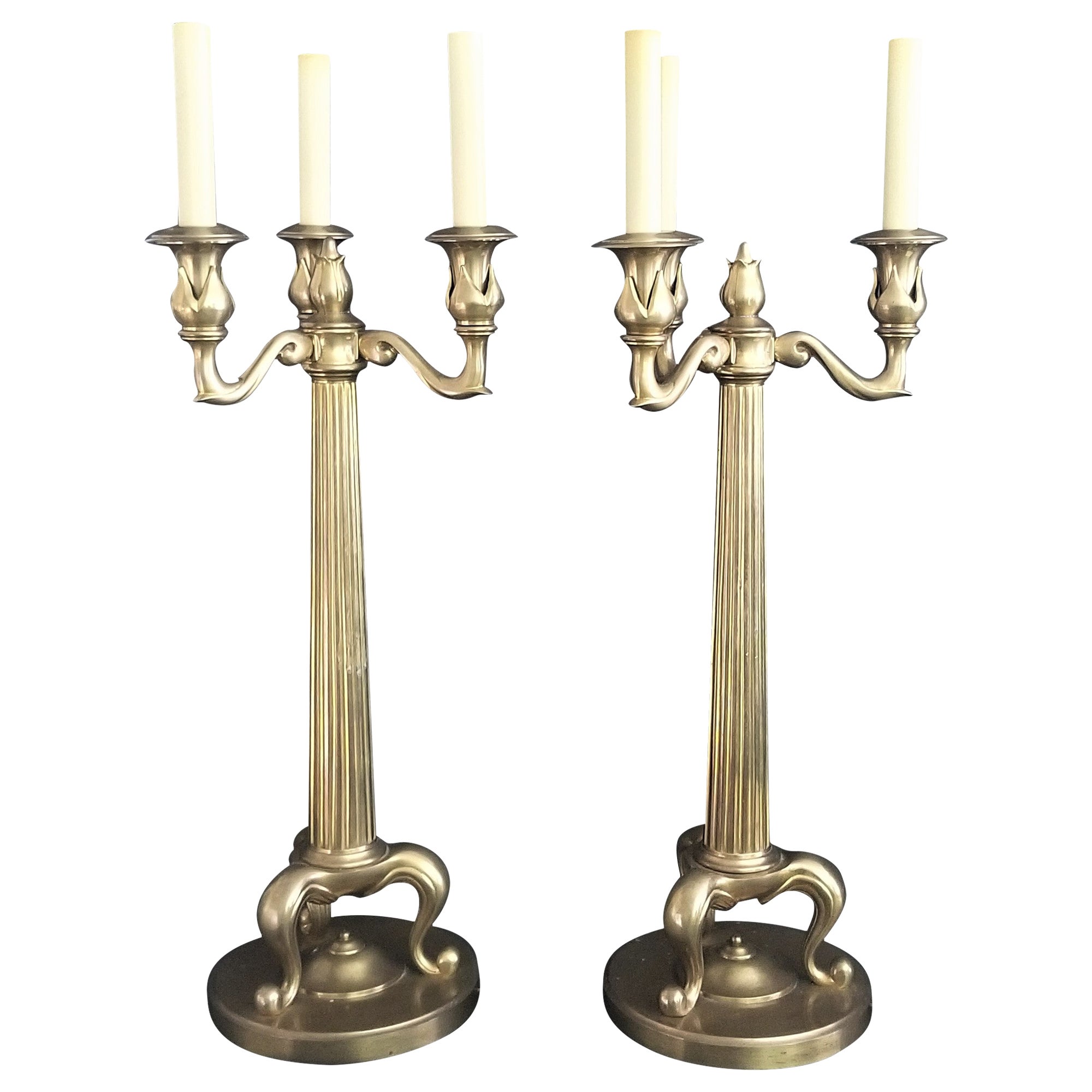 Chapman Heavy Brass Candelabra Fluted Column Table Lamps Pair