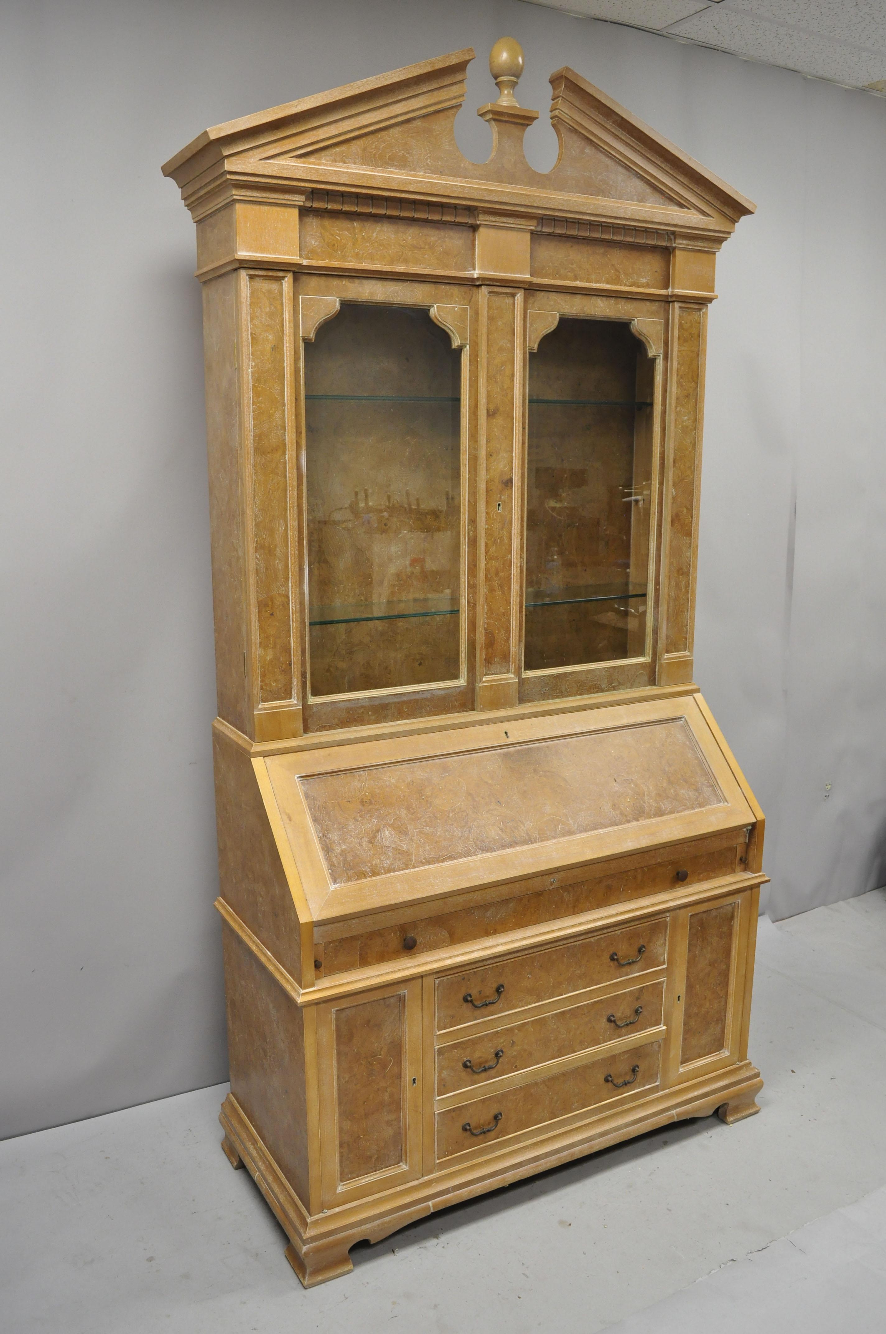 Chapman Italian neoclassical burl wood patchwork olivewood tall secretary desk. Item features 2 part construction, lighted interior with dimmer switch, 2 lower cabinet doors, 4 lower drawers, fitted interior, beautiful wood grain, original label,