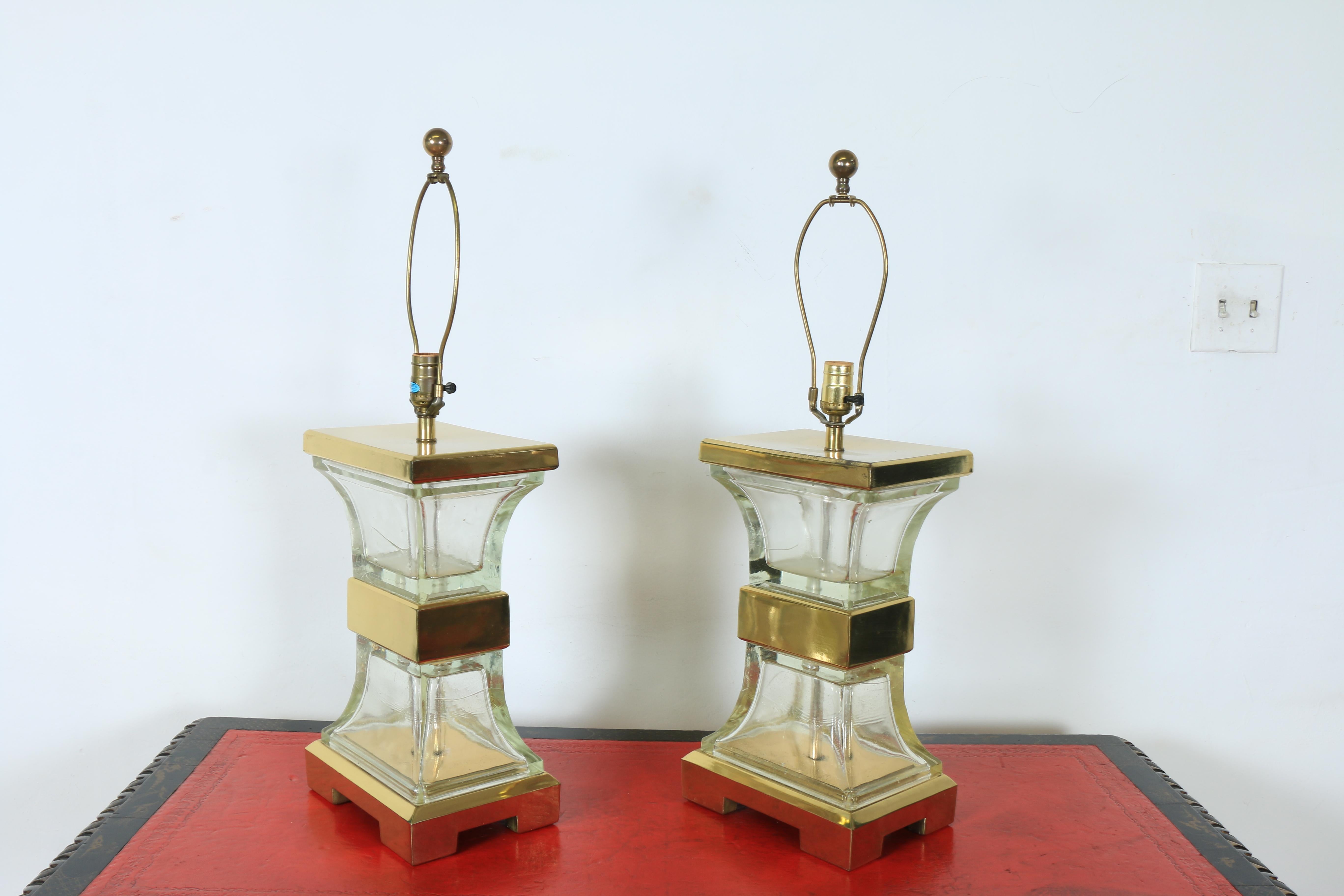 Italian Chapman Pair of Brass & Glass Accent Table Lamps
