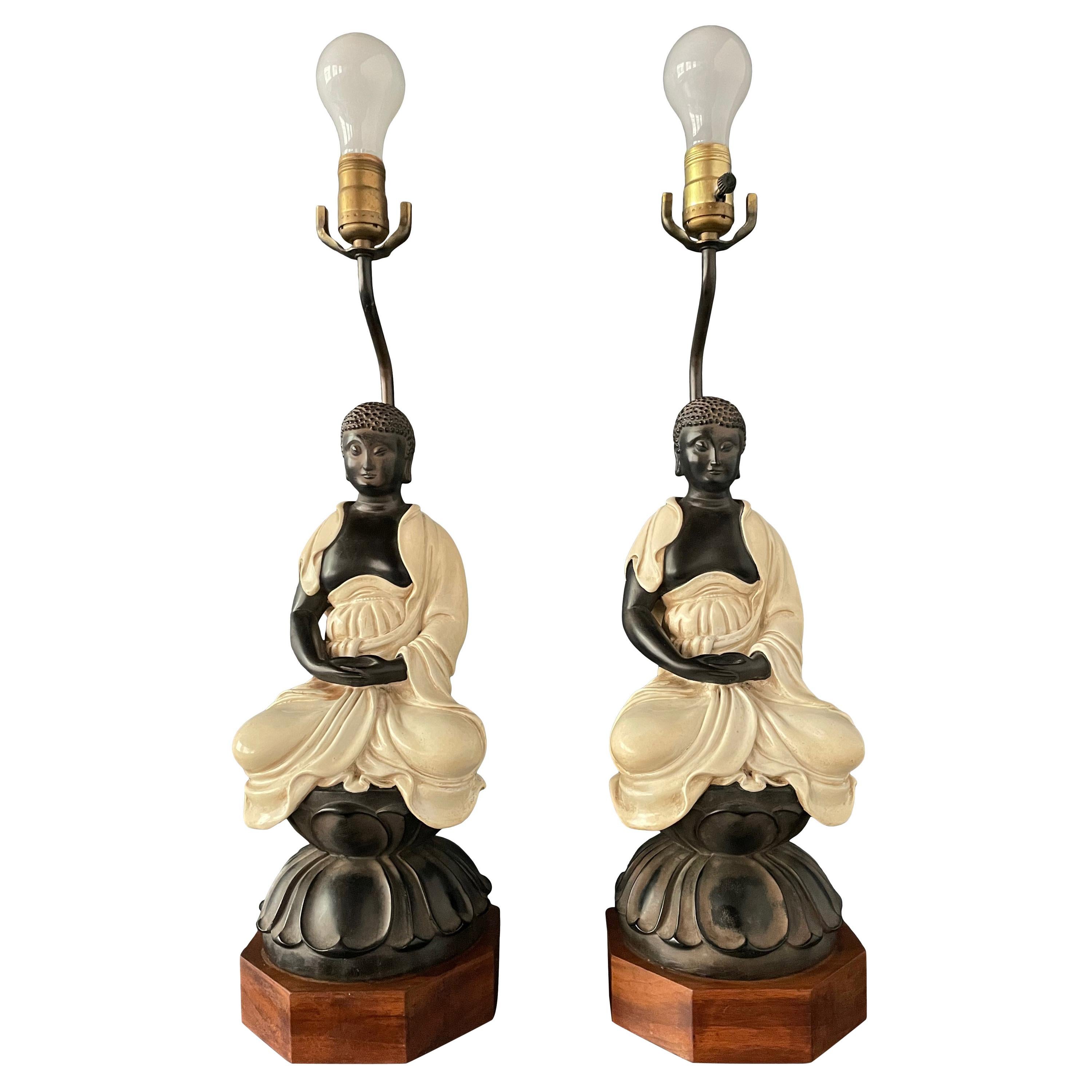 Chapman Pair Ceramic Table Lamps of Sitting Buddhas on Rosewood Base Mid Century For Sale