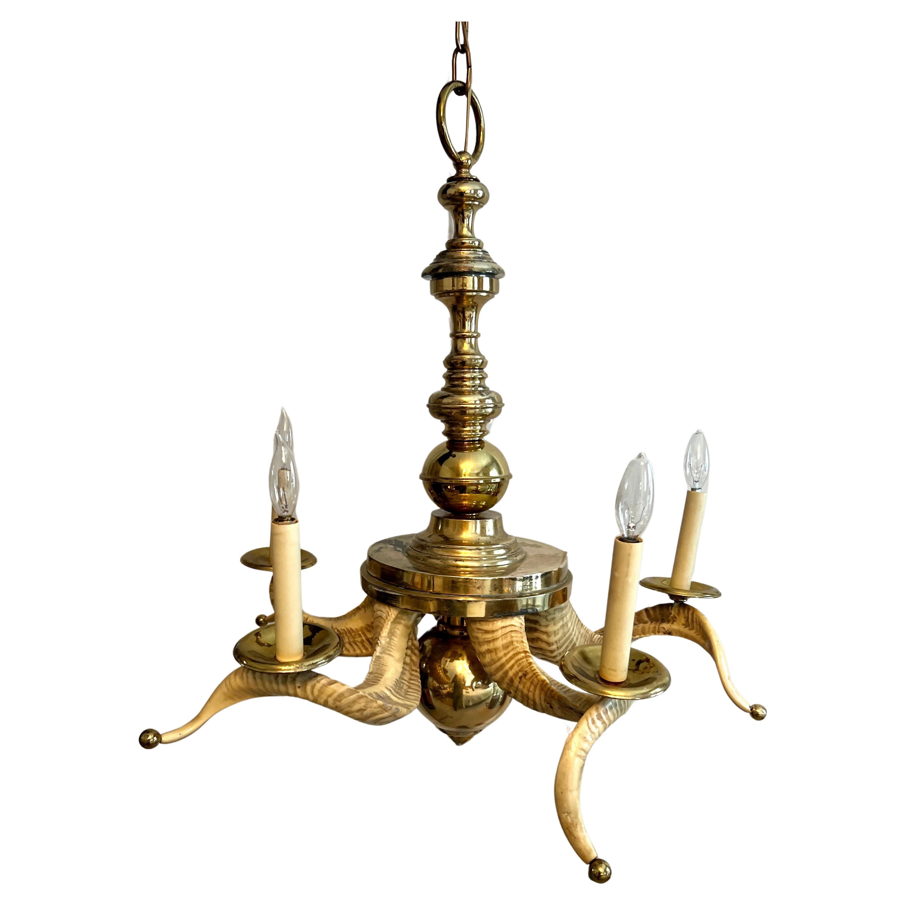 Cast Chapman Rams Horn and Brass Chandelier with 5 Lights  For Sale