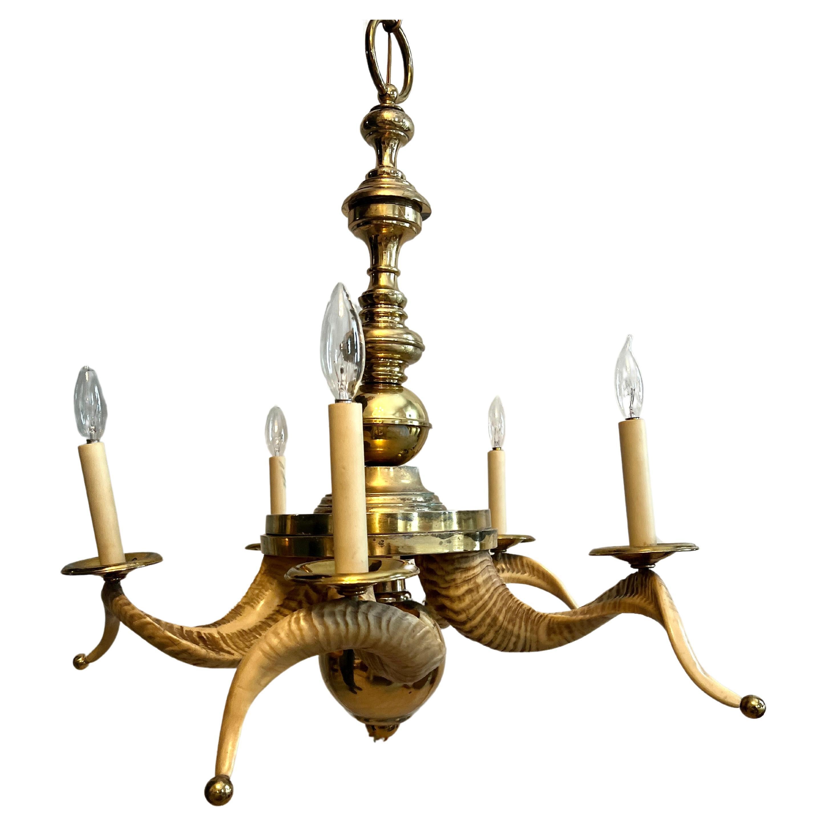 Chapman Rams Horn and Brass Chandelier with 5 Lights  For Sale