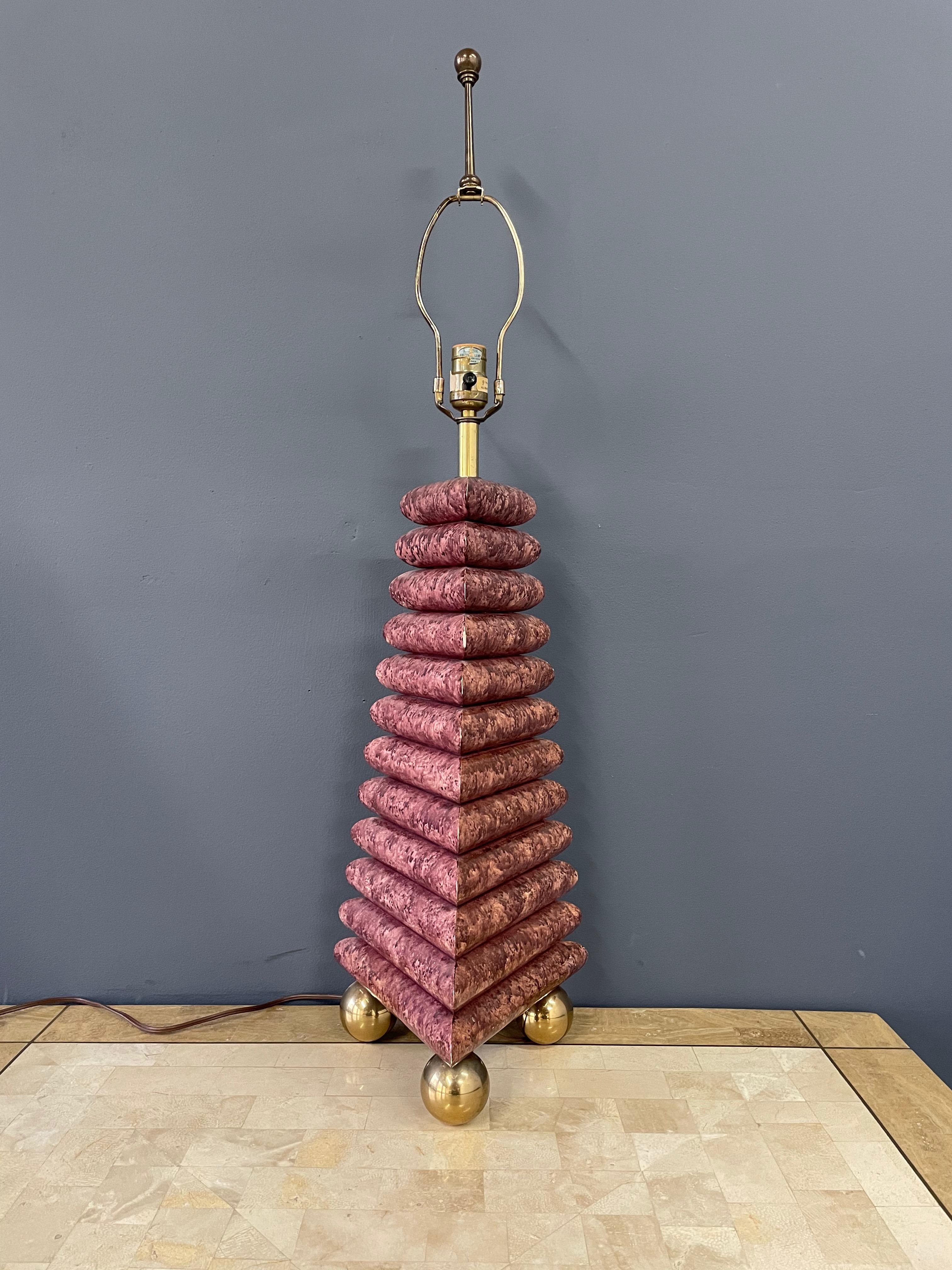 Chapman table lamp, label, stacked geometric form with faux aubergine/wine goatskin finish and brass ball feet, As seen at the Viceroy Miami designed by Kelly Wearstler.