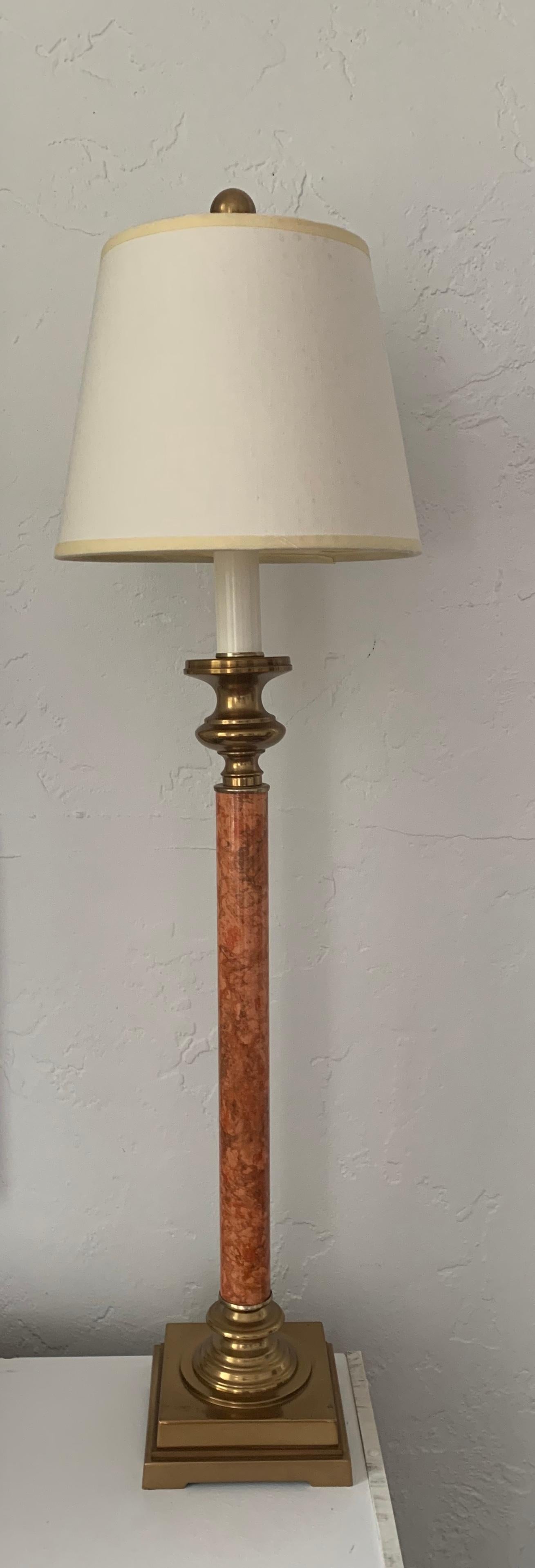 Mid-Century Modern Chapman Style Brass Candlestick Lamp with Marbleized Stem