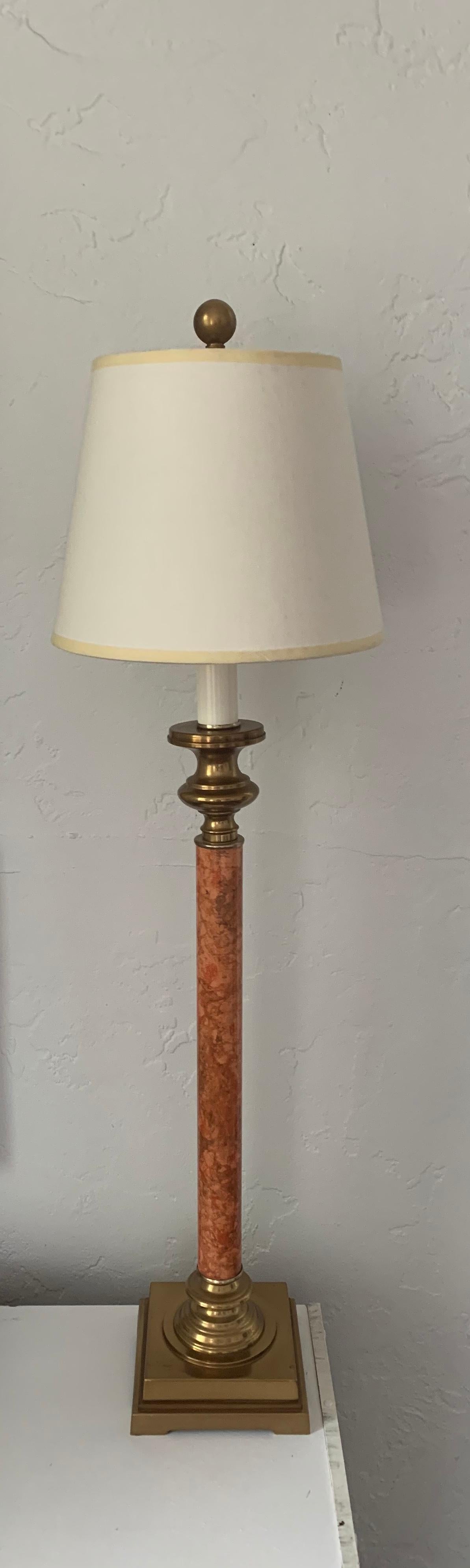 American Chapman Style Brass Candlestick Lamp with Marbleized Stem