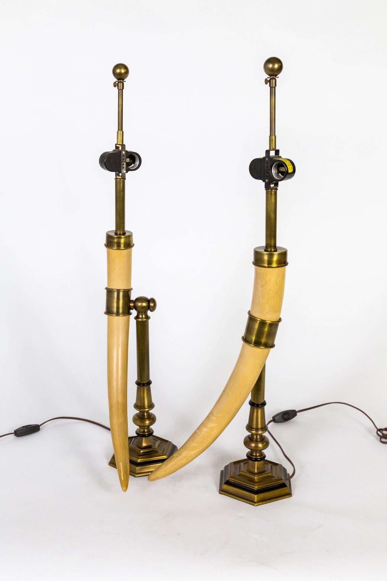 Post-Modern Chapman Vintage Faux Horn & Brass Lamps 'Pair' For Sale