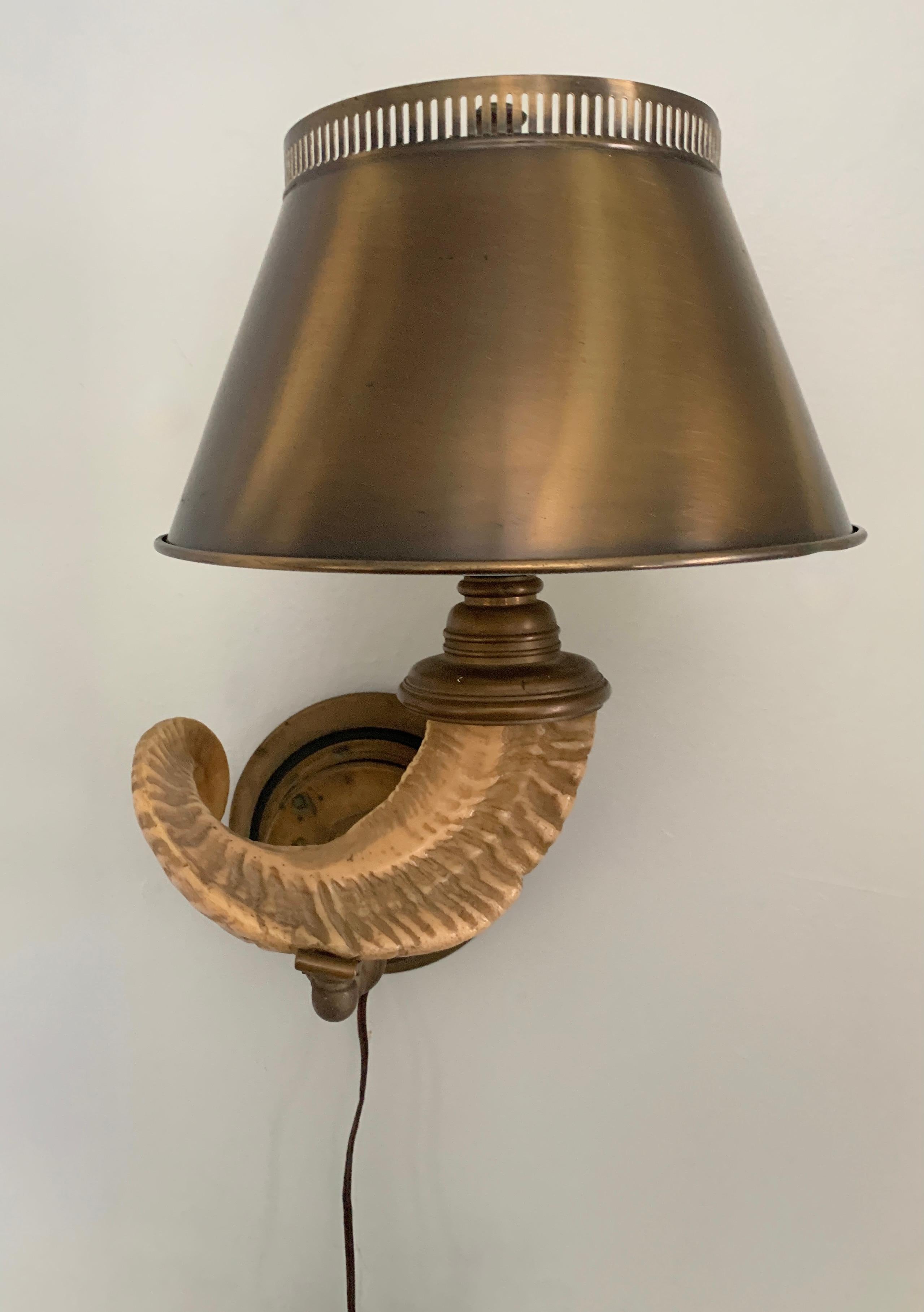 Rustic Chapman Wall Sconce with Ram Horn Detail and Metal Shade