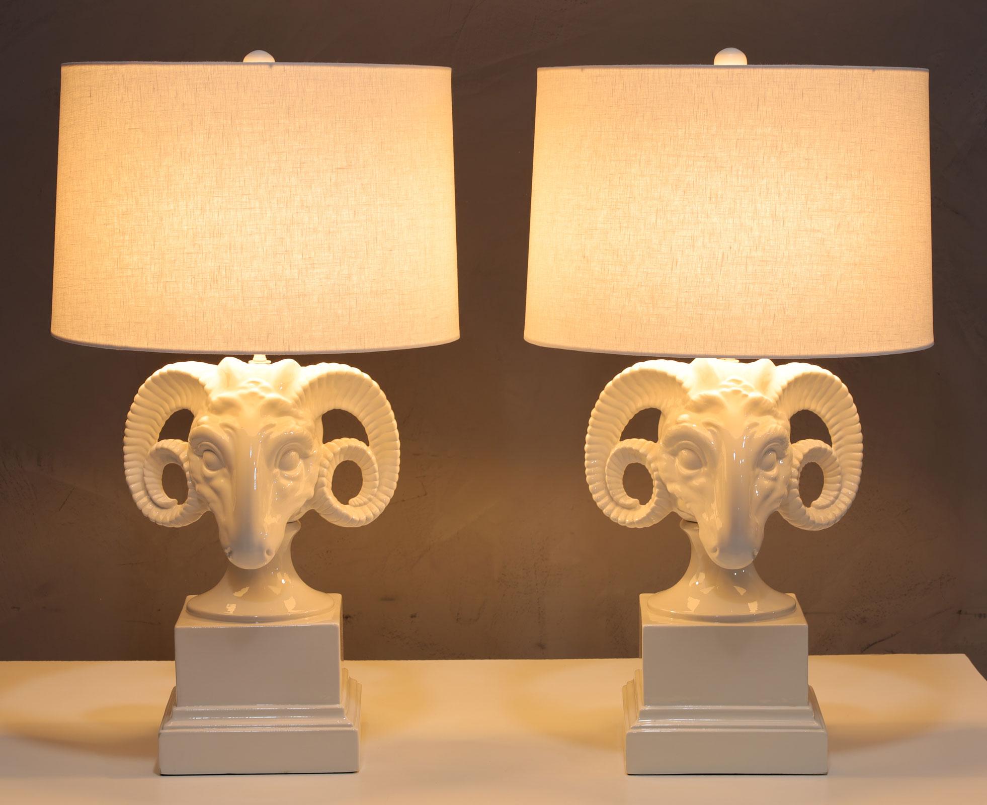 Hollywood Regency Chapman White Ceramic Ram Head Lamps For Sale
