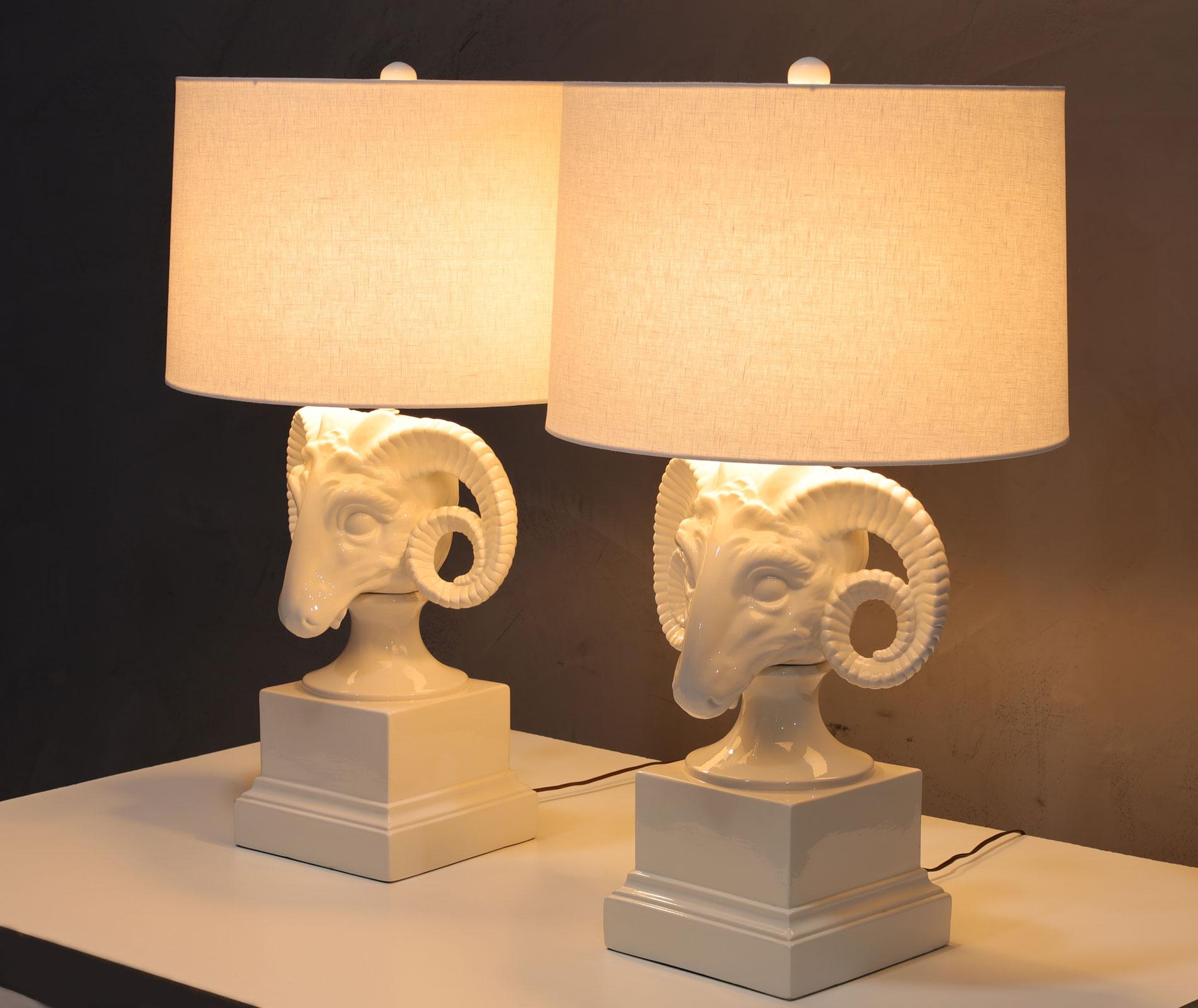 American Chapman White Ceramic Ram Head Lamps For Sale