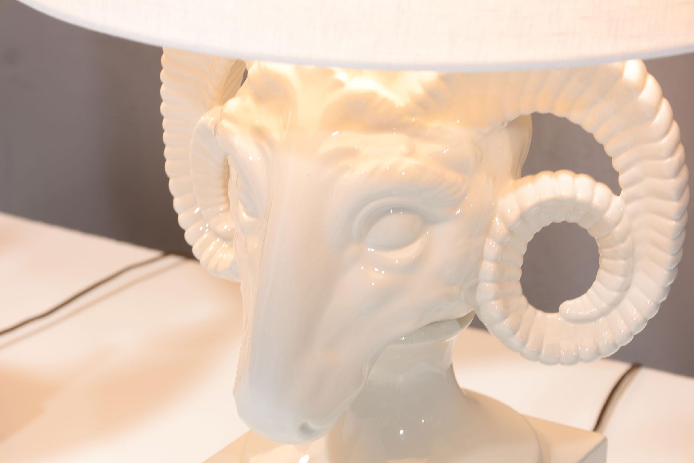 Chapman White Ceramic Ram Head Lamps In Good Condition For Sale In Dallas, TX