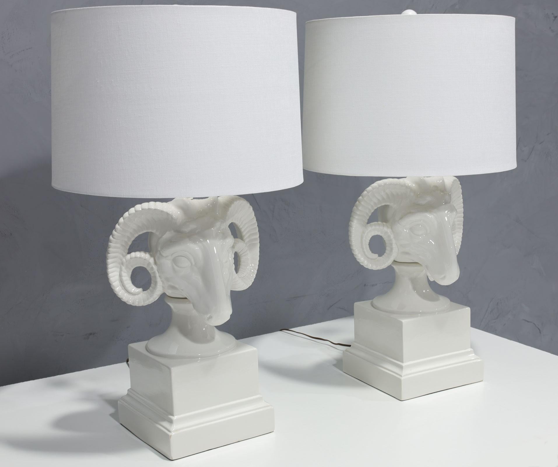 Chapman White Ceramic Ram Head Lamps For Sale 1