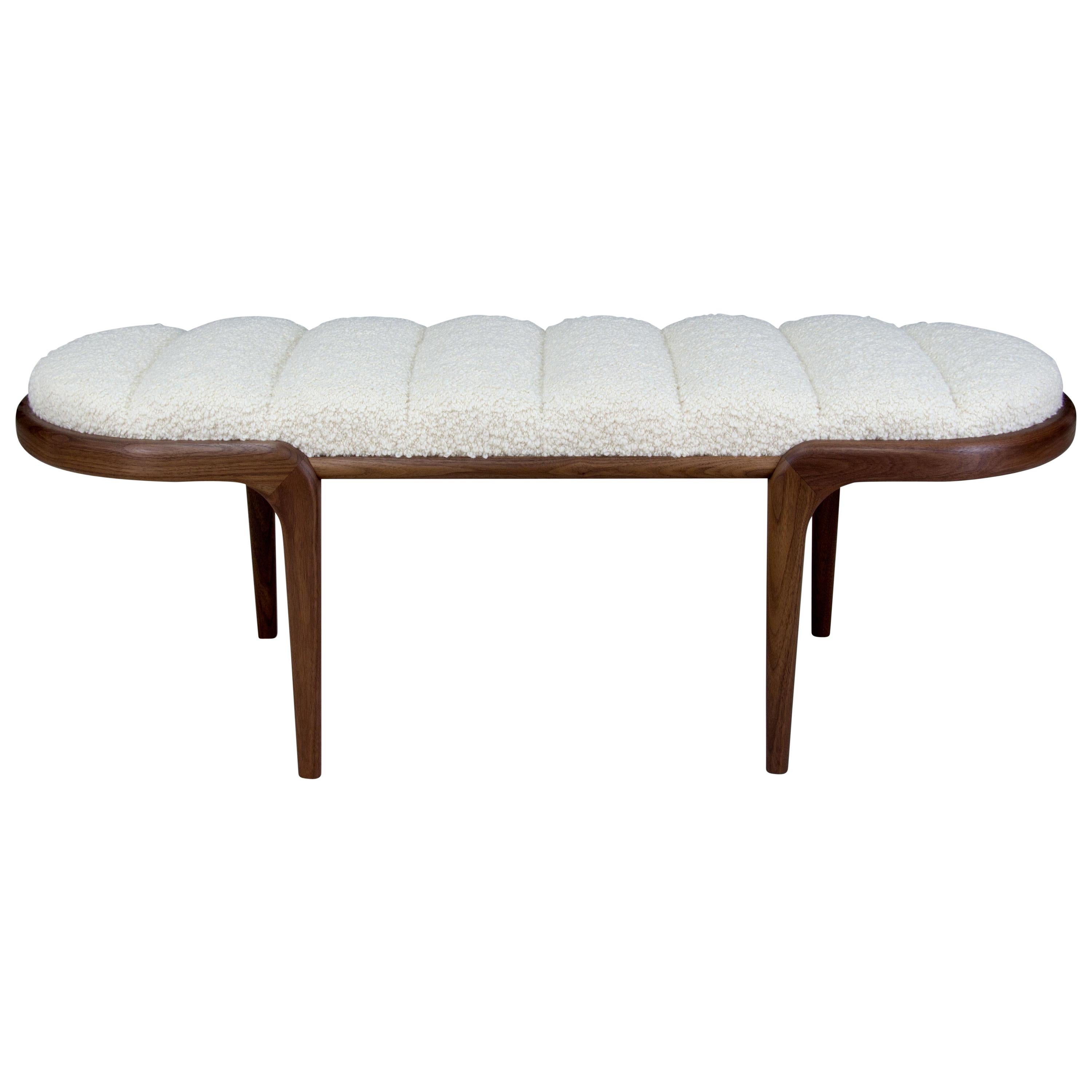 Bent Walnut Bench with White Bouclé Upholstery by Chapter & Verse For Sale
