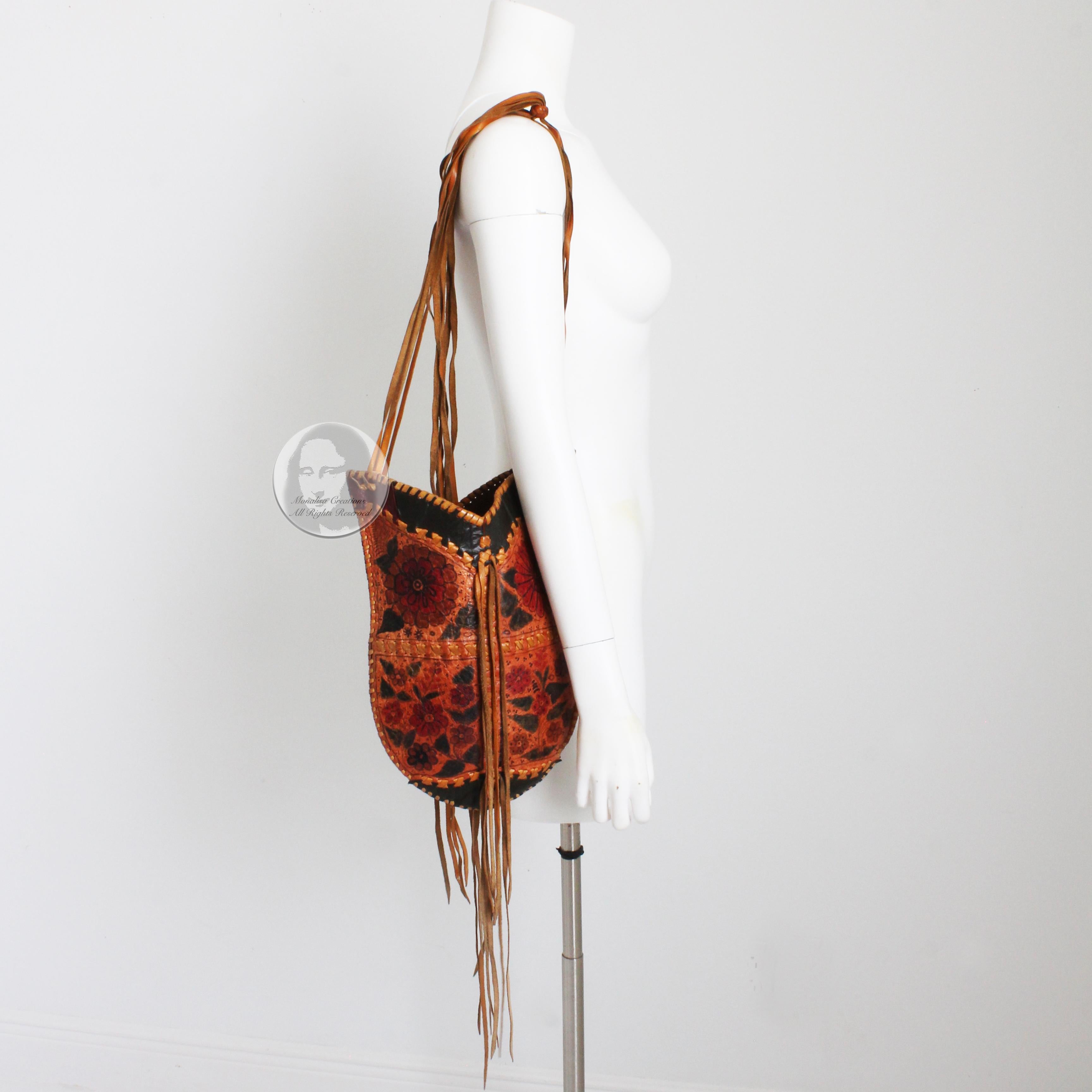 Char Leather Bag Whipstitch Fringe Hippie Shoulder Bag Hand Painted Florals 70s  In Good Condition In Port Saint Lucie, FL