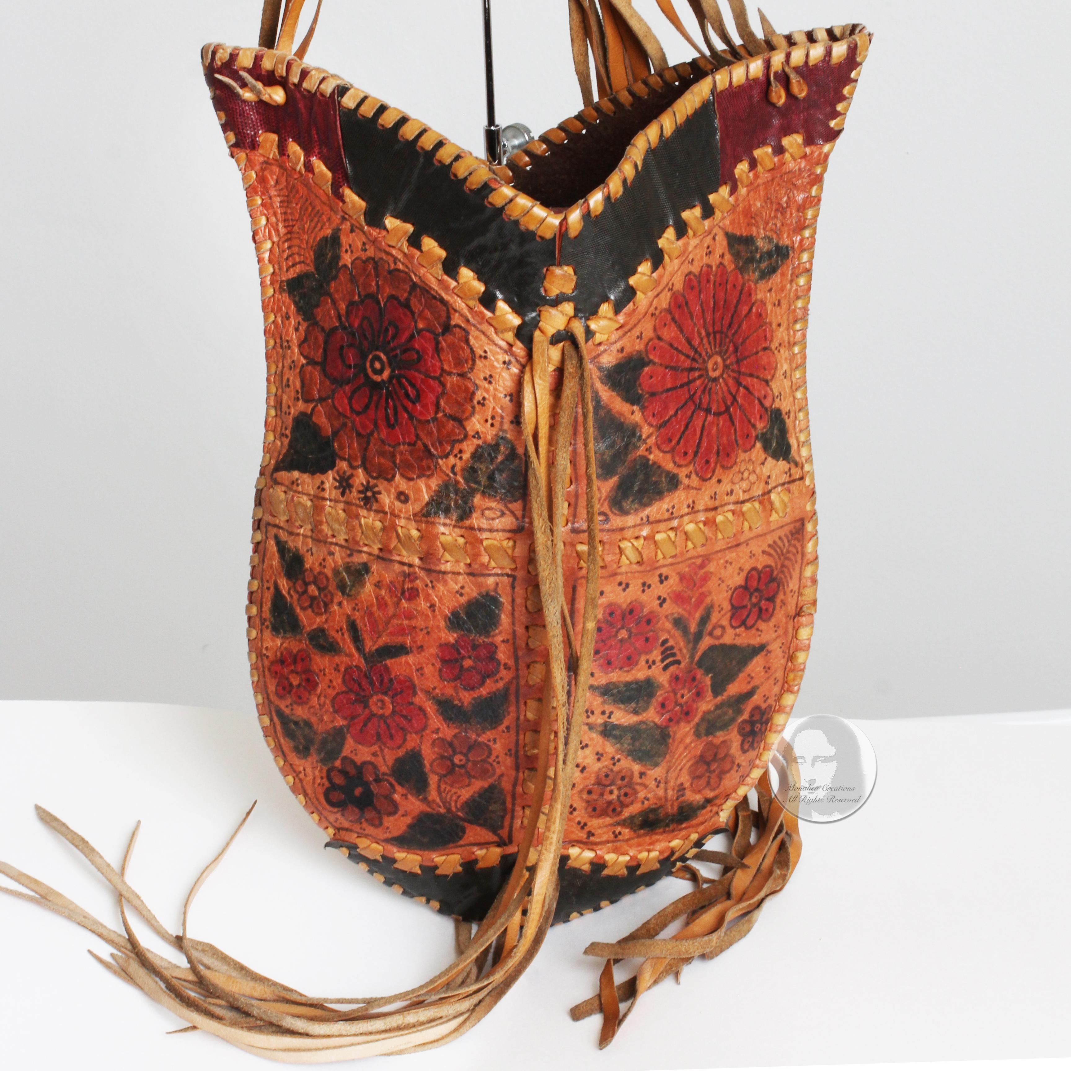 Women's or Men's Char Leather Bag Whipstitch Fringe Hippie Shoulder Bag Hand Painted Florals 70s 