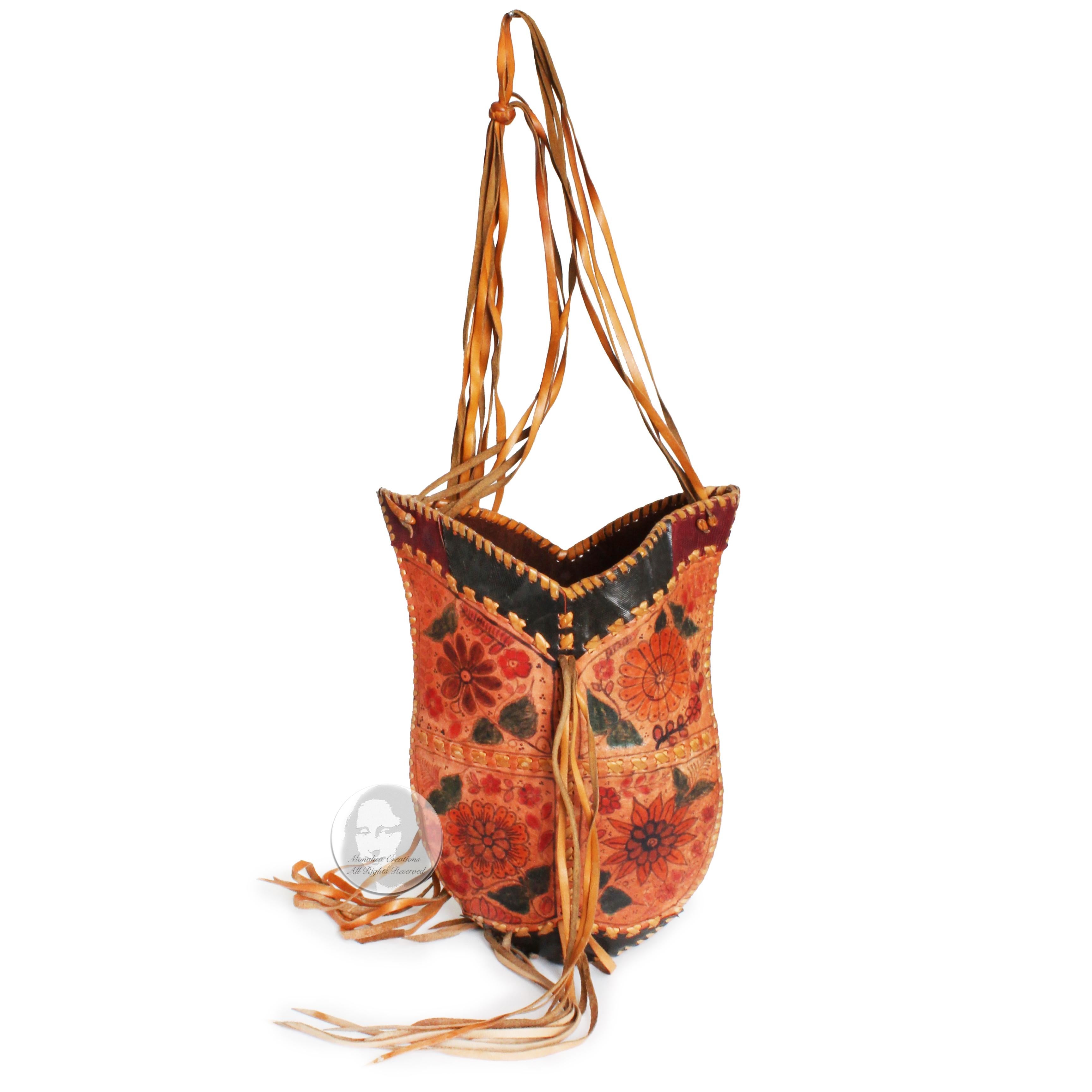 Char Leather Bag Whipstitch Fringe Hippie Shoulder Bag Hand Painted Florals 70s  1