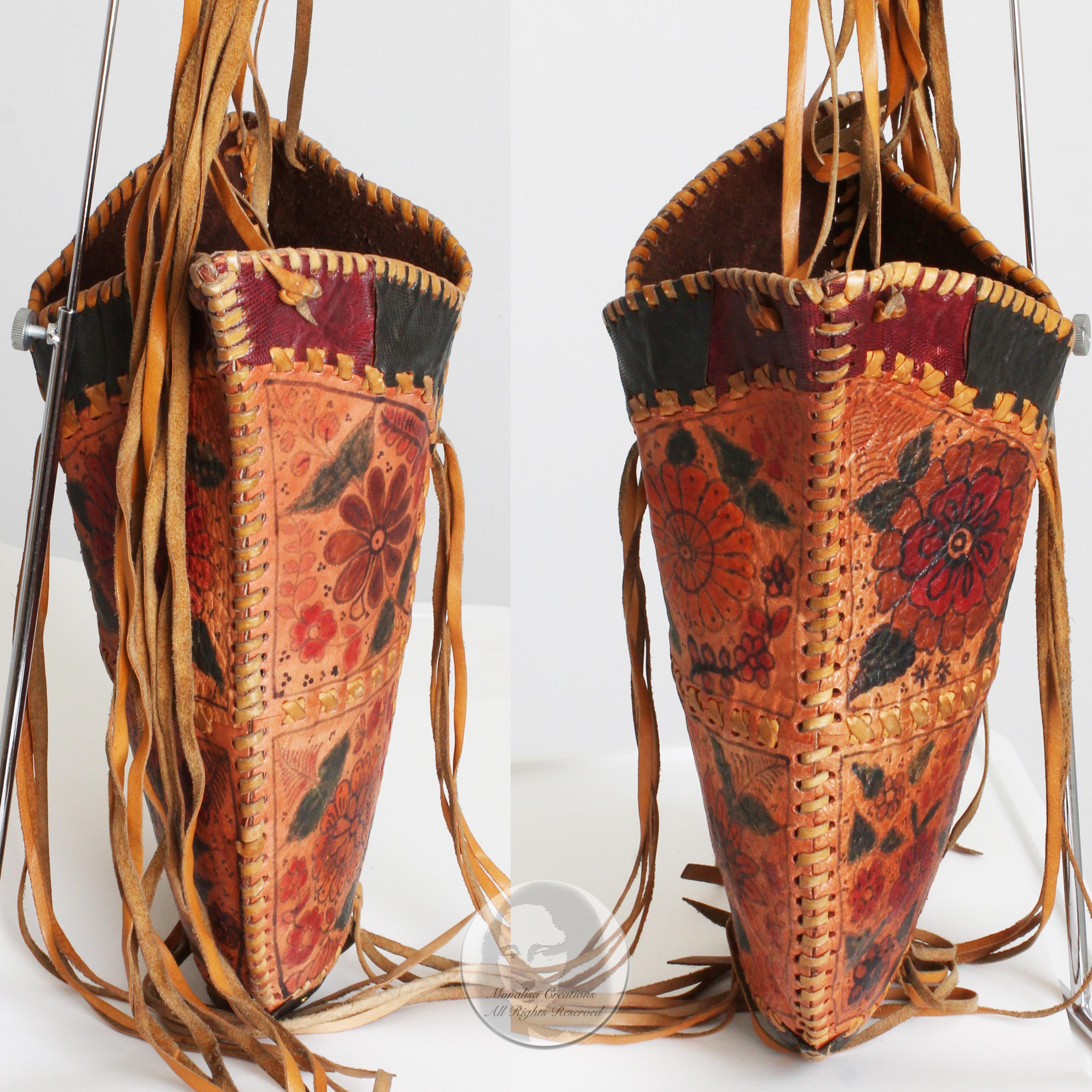Char Leather Bag Whipstitch Fringe Hippie Shoulder Bag Hand Painted Florals 70s  2