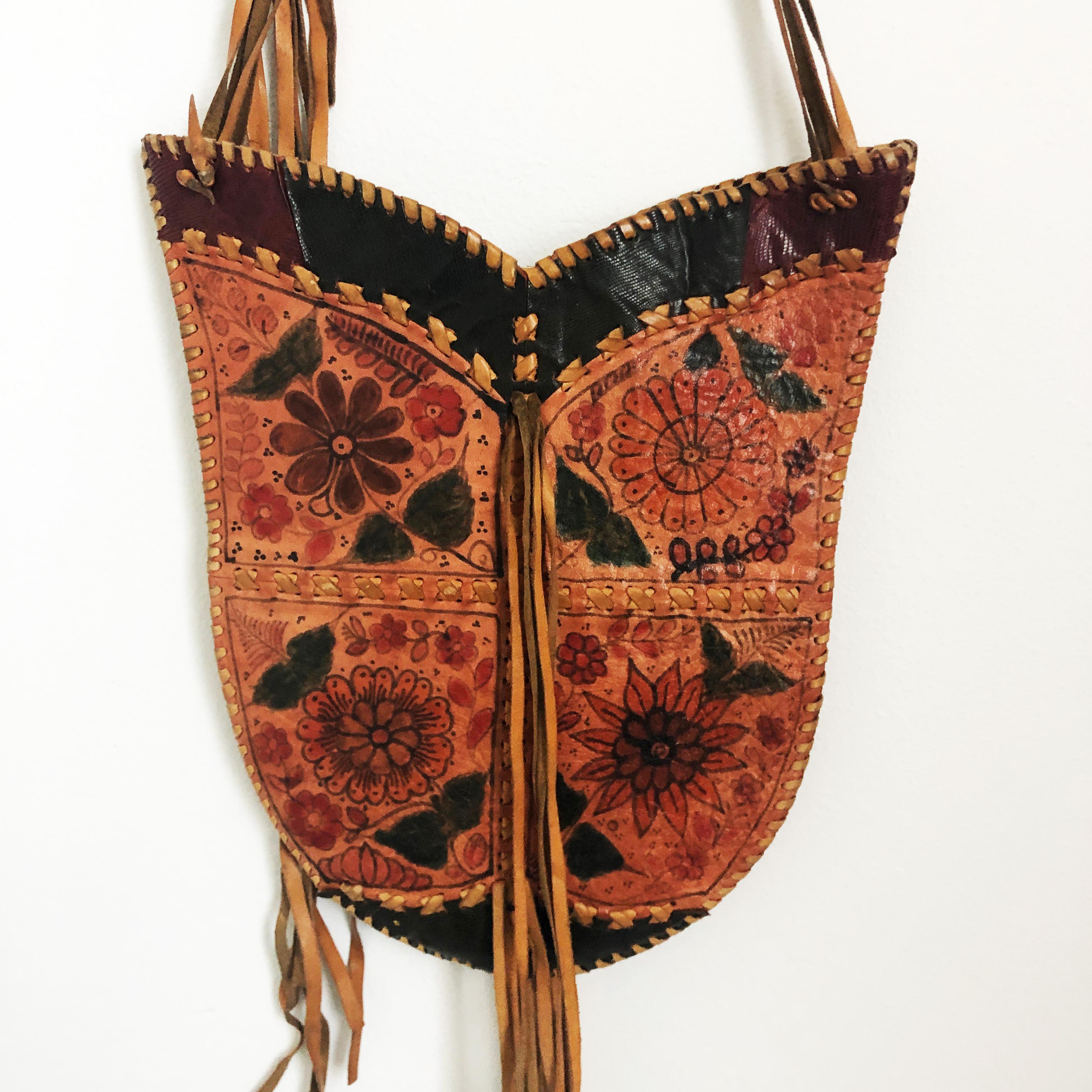 Char Leather Bag Whipstitch Fringe Hippie Shoulder Bag Hand Painted Florals 70s  5