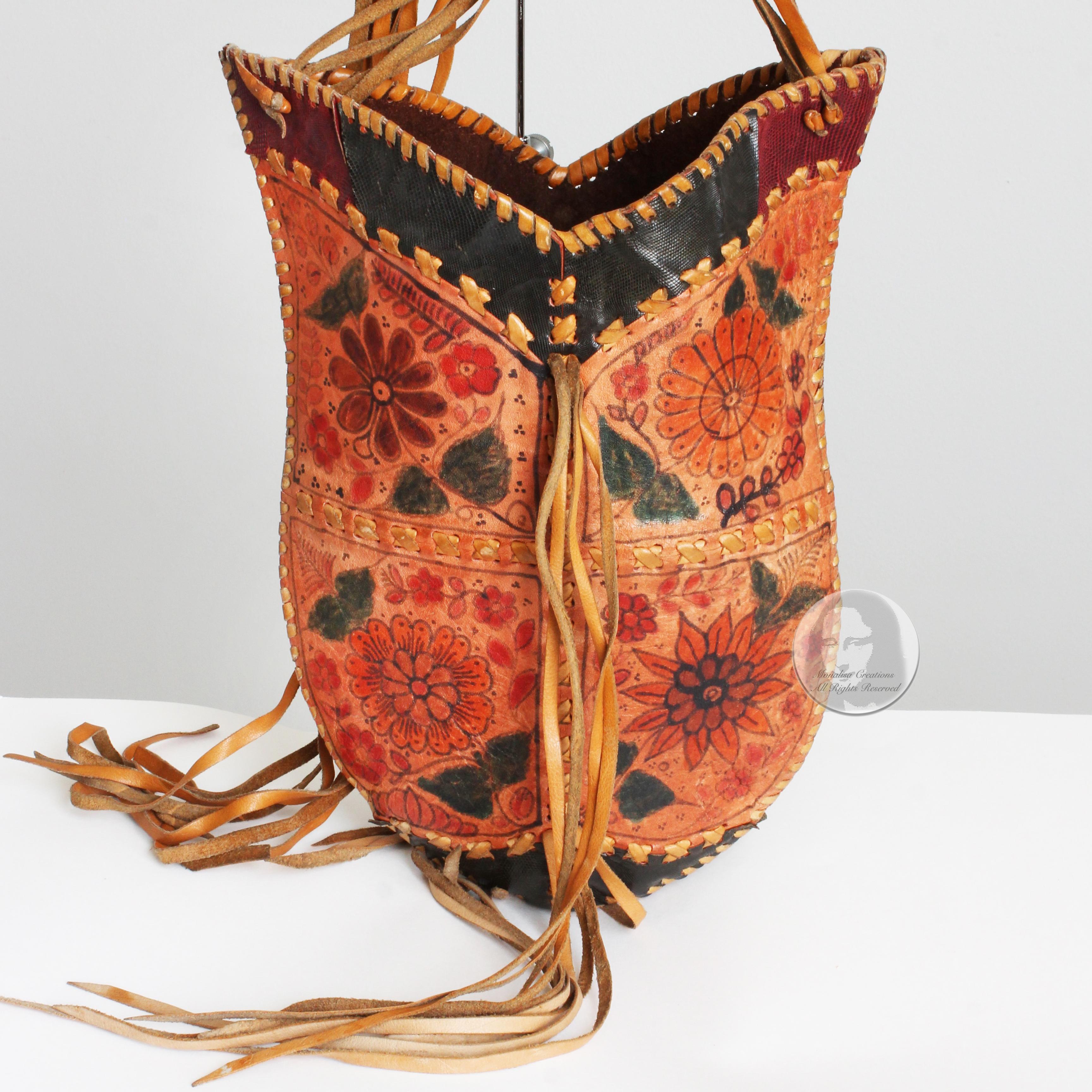 Char Leather Bag Whipstitch Fringe Hippie Shoulder Bag Hand Painted Florals 70s  3