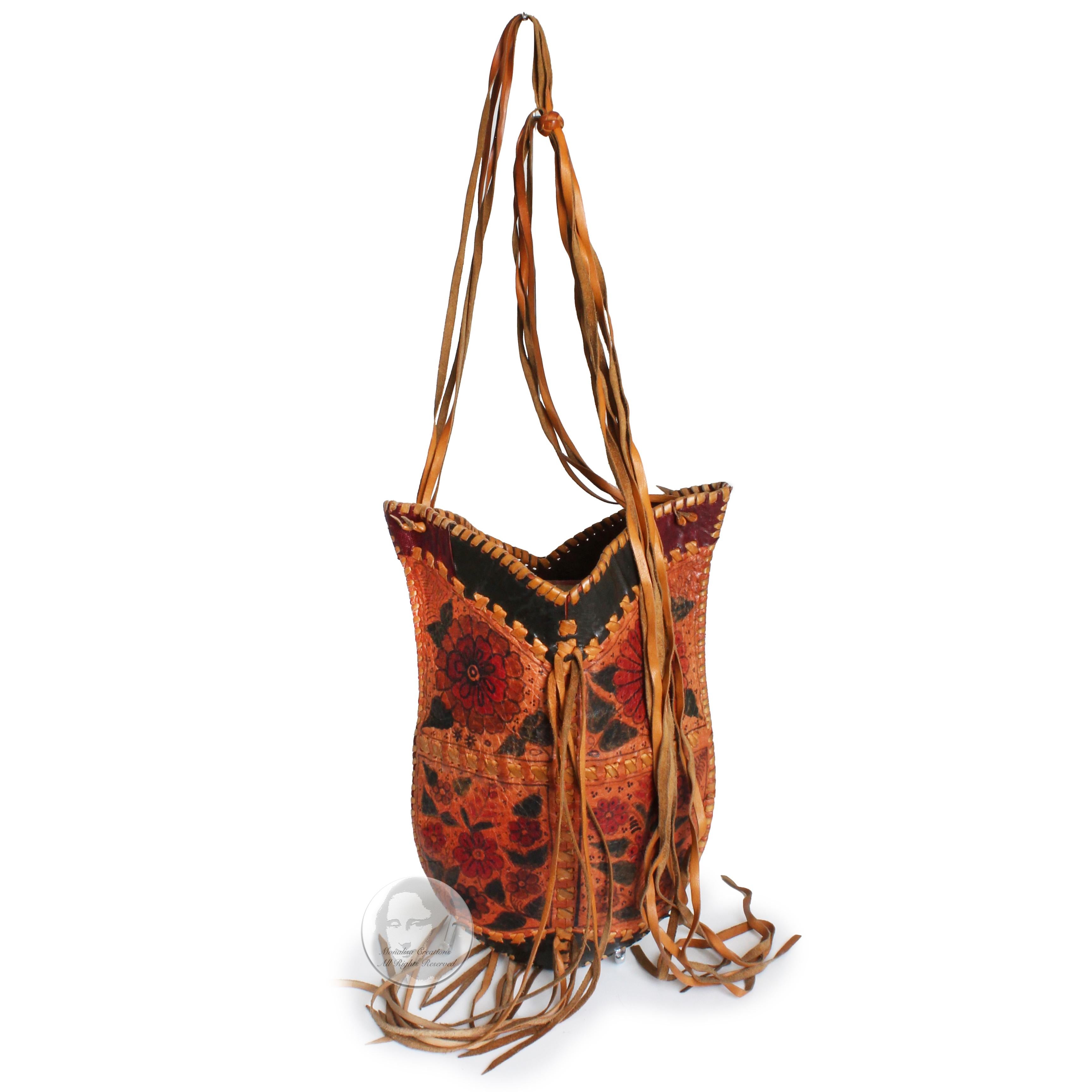 Char Leather Bag Whipstitch Fringe Hippie Shoulder Bag Hand Painted Florals 70s  4